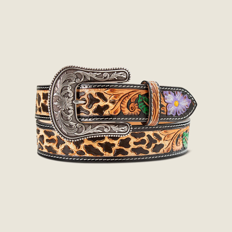 Hand Tooled Cheetah Print With Painted Flower Belt Front