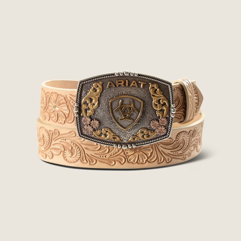 Floral Emboss Leather Belt with Plate Buckle Front