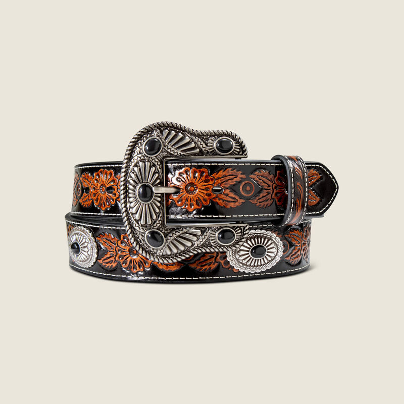 Floral Embossed Belt with Black Stone Conch Belt Front