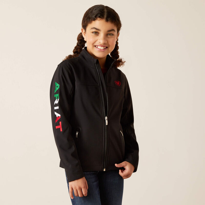 Kid's New Team Softshell Brand Mexico Jacket in Mex Black, Size: Medium by  Ariat