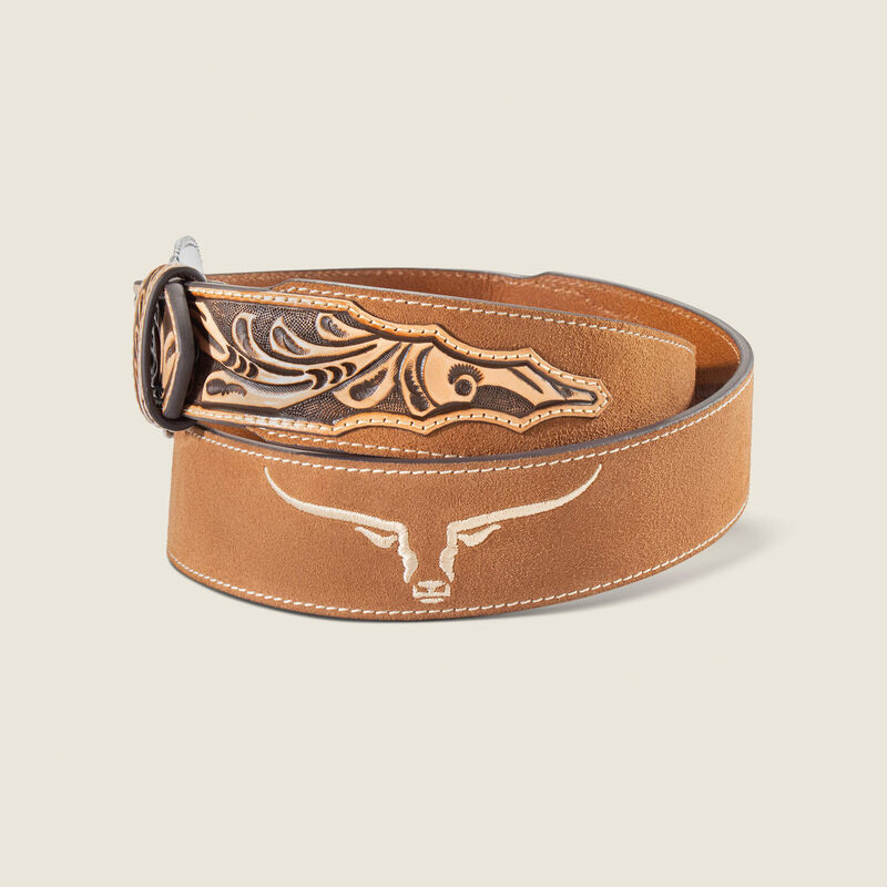 Embroidered Longhorn Leather Belt 01