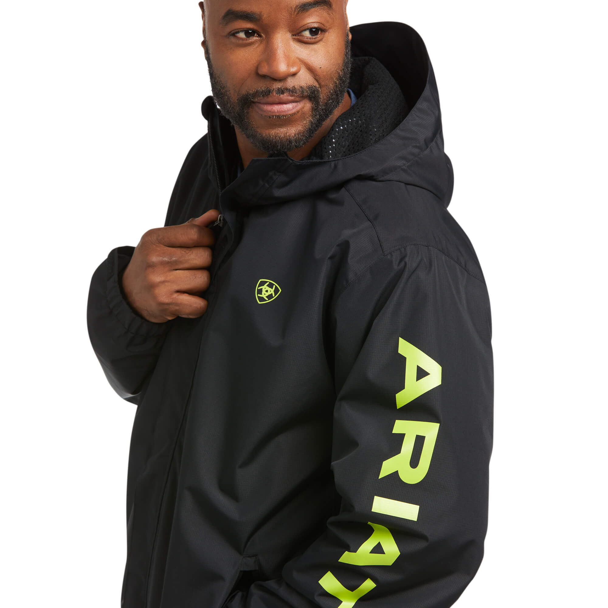 Men's Rebar Stormshell Logo Waterproof Jacket in Black/Lime, Size:  Large_Tall by Ariat