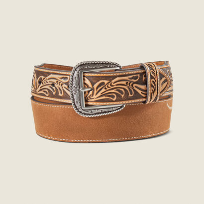 Embroidered Longhorn Leather Belt Front