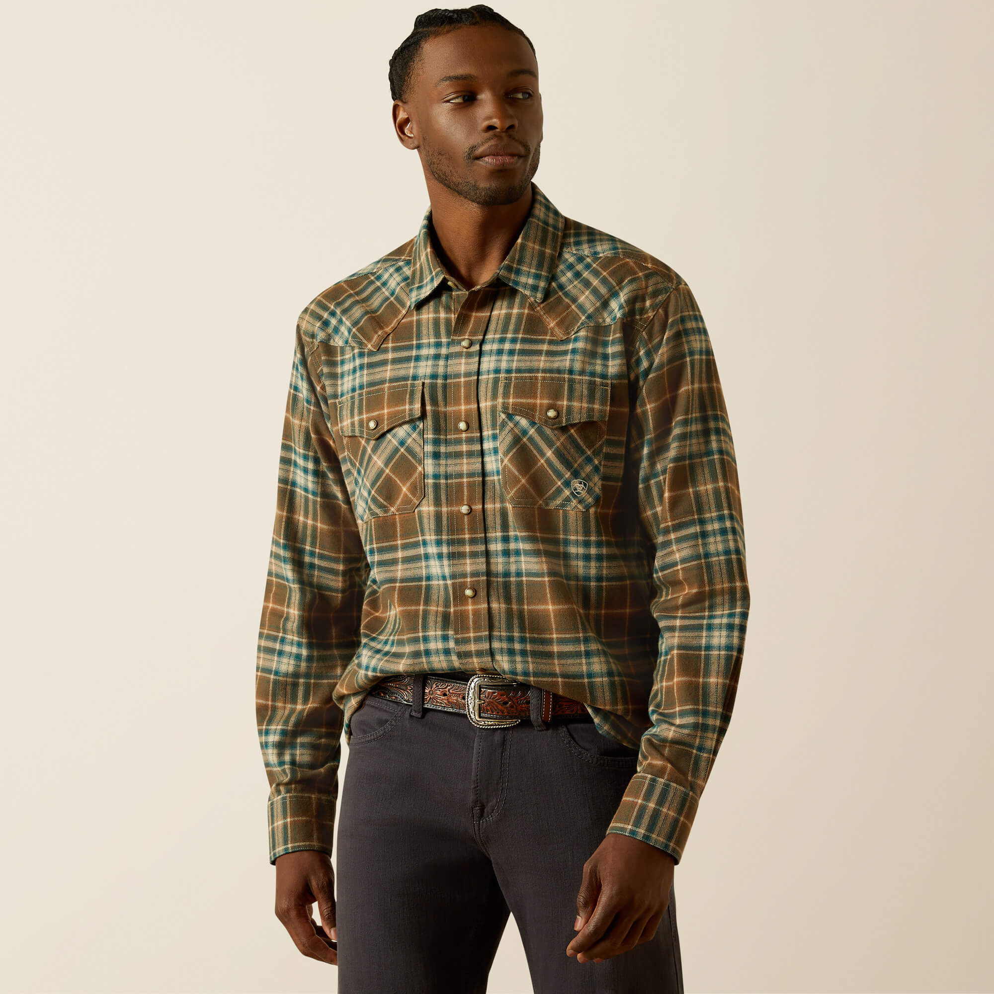 Camicia Uomo ARIAT MNS Hmitn RTR SNP LS Shrt CMB Hny - Casual Con Chiusure A Scatto, Doppie Tasche, Vestibilità Aderente