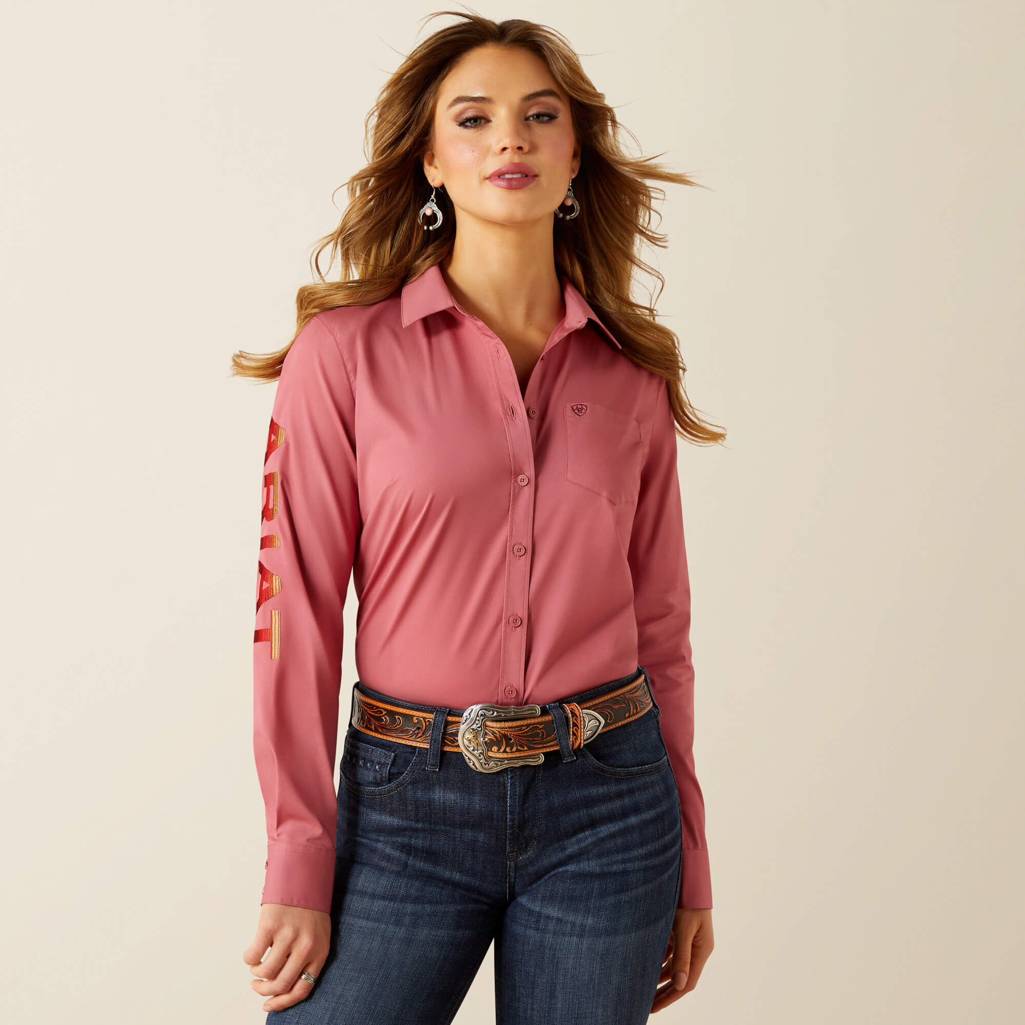 ARIAT Donna Camicia Stretch Kirby LS Shrt - Borgogna - Popeline Di Cotone Con Elastan - 3