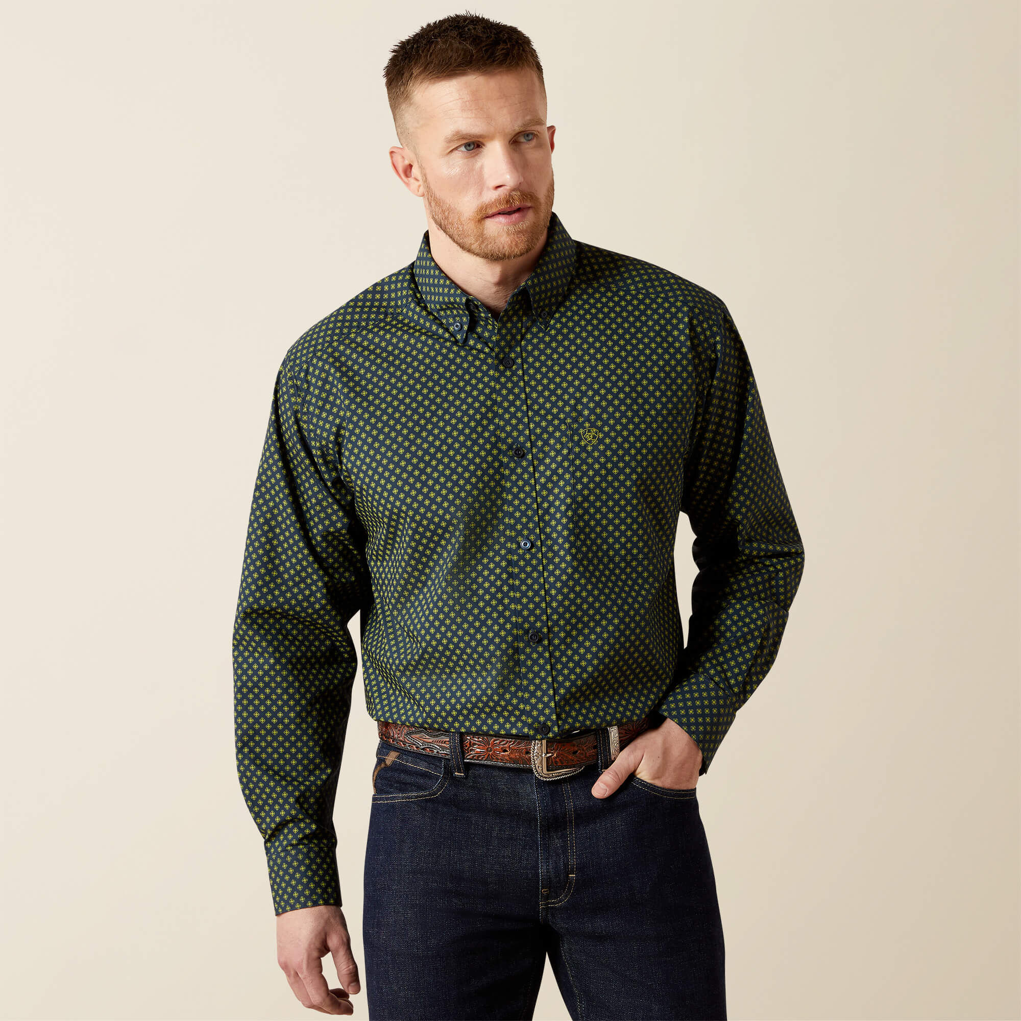 Camicia Uomo ARIAT MNS Hmitn RTR SNP LS Shrt CMB Hny - Casual Con Chiusure A Scatto, Doppie Tasche, Vestibilità Aderente