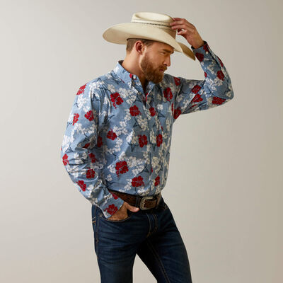 Wrinkle Resist Red White and Blue Pareau Western Aloha Stretch Classic Fit Shirt