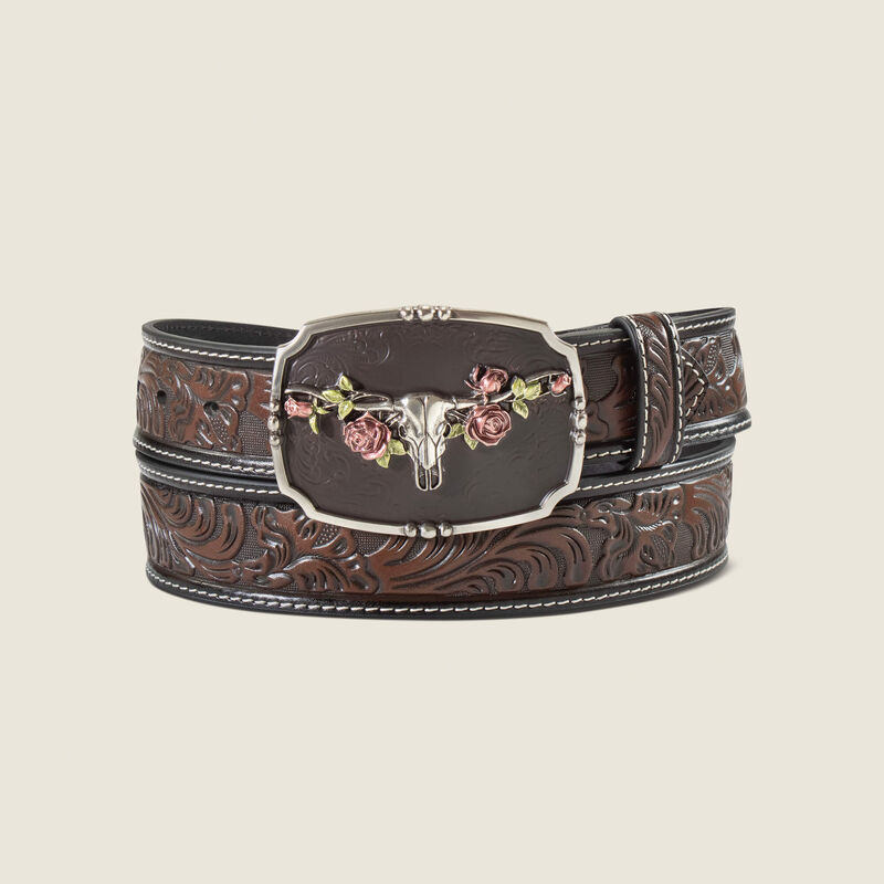 Longhorn Rose Buckle Leather Belt Front