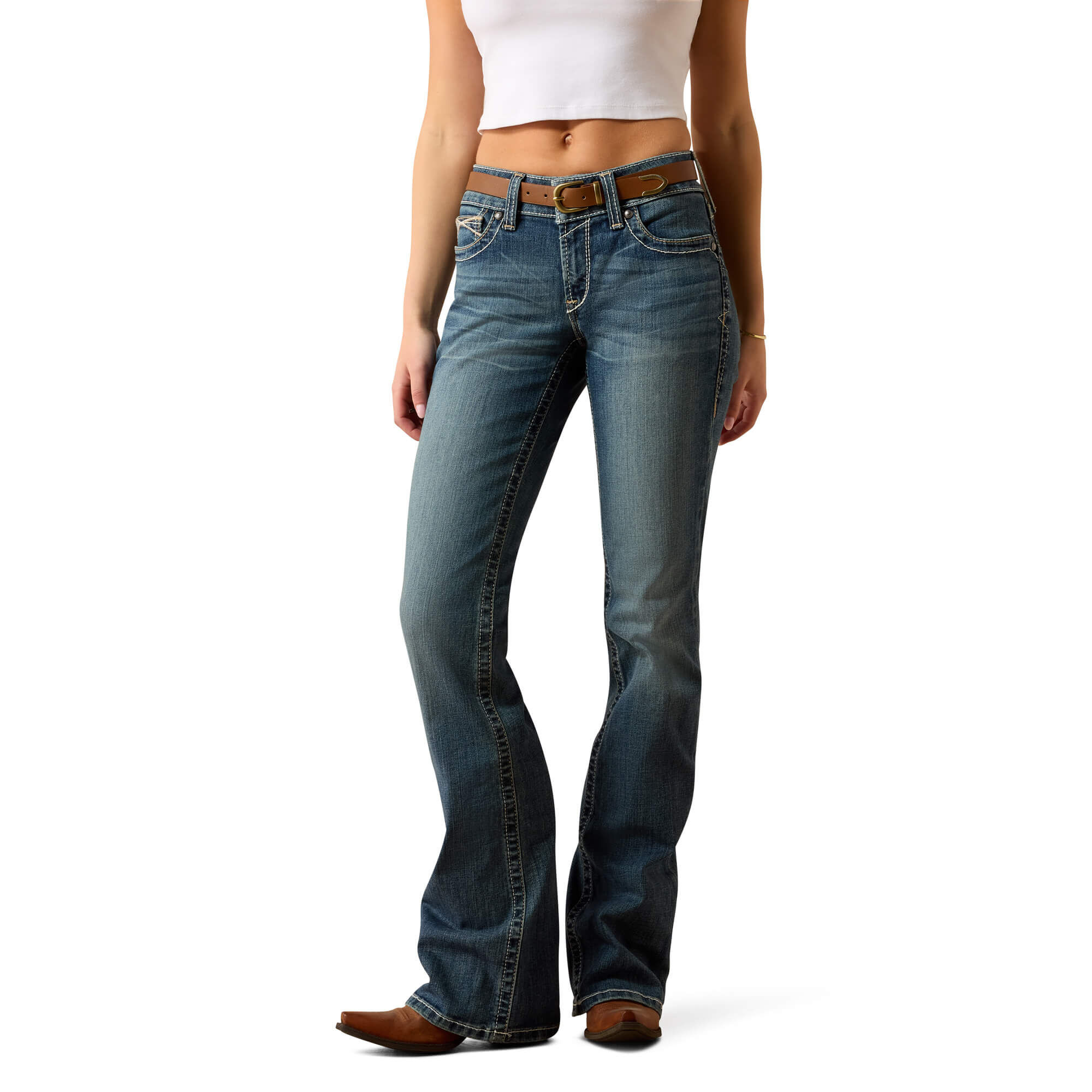 Women's R.E.A.L. Mid Rise Whipstitch Boot Cut Jeans in Rainstorm Cotton, Size 33 Long, by Ariat