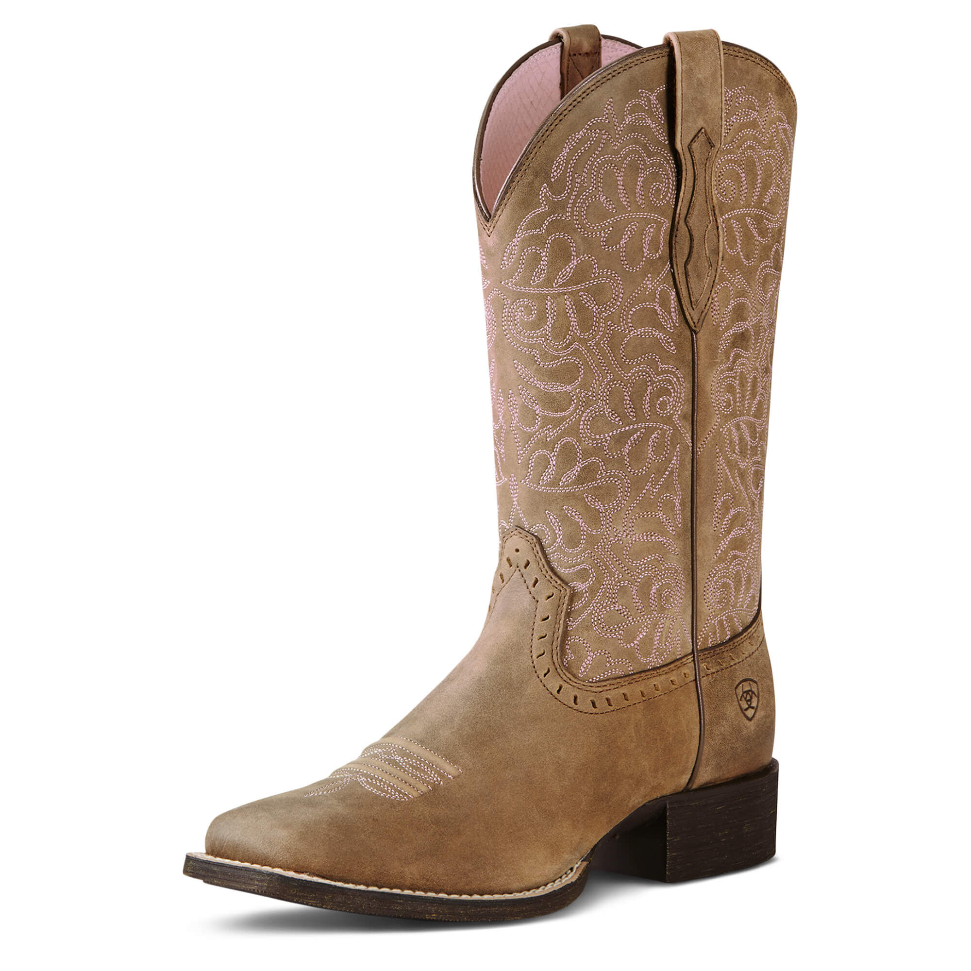 Women's Round Up Remuda Wide Square Toe Western Boots in Brown Bomber Leather, B Medium Width, Size 6, by Ariat