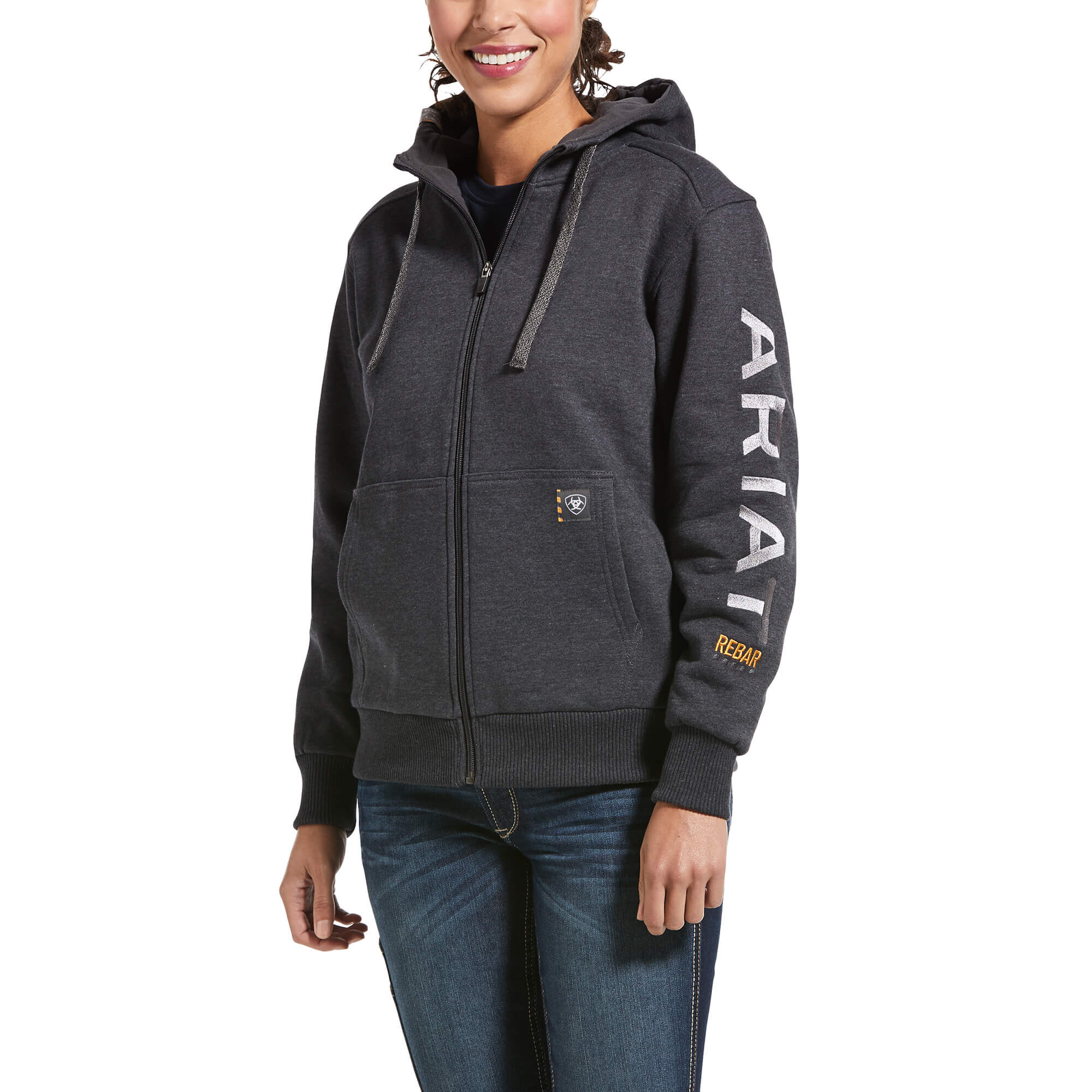 Women's Rebar All-Weather Full Zip Hoodie Long Sleeve Fleece in Charcoal Heather Cotton, Size X-Small, by Ariat
