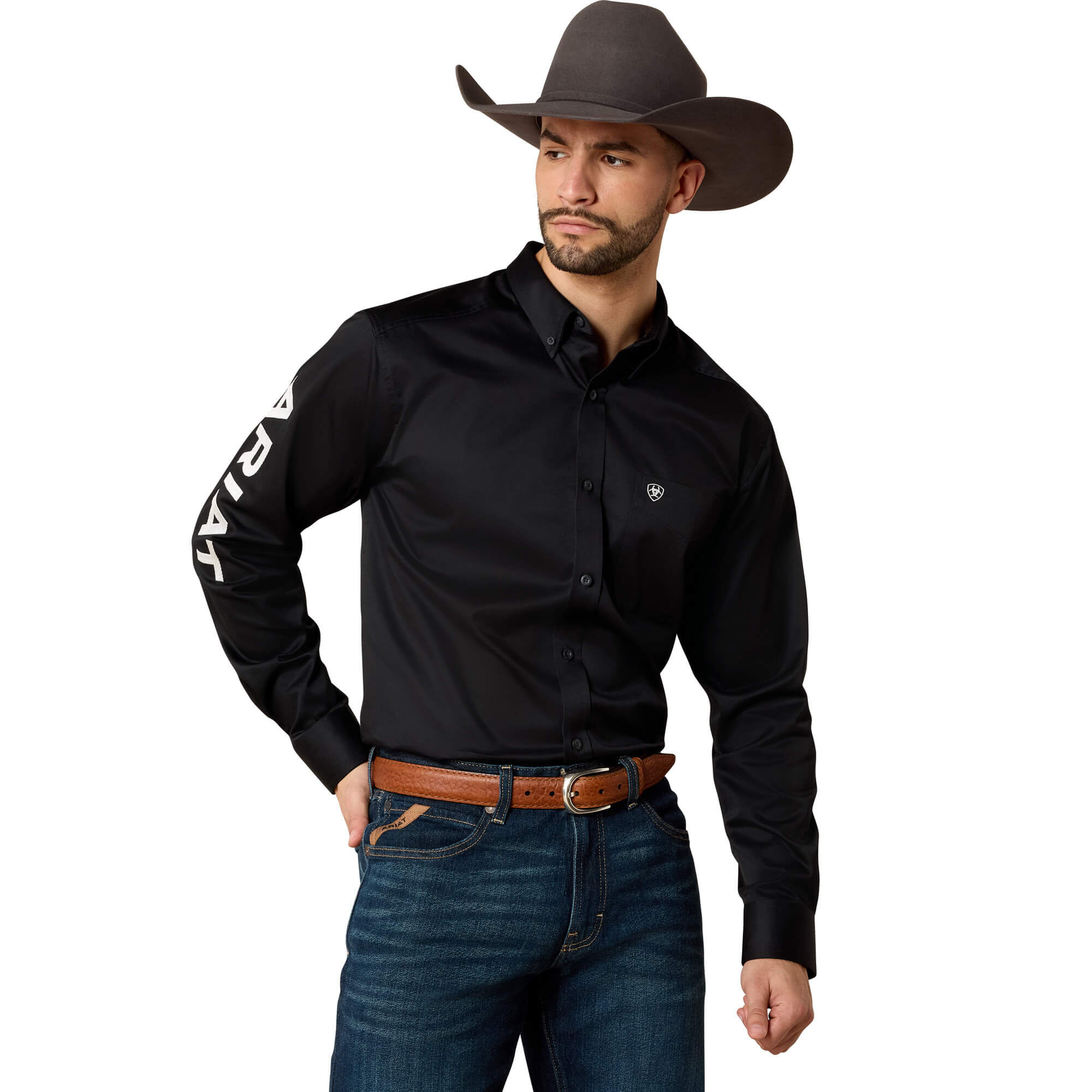 Men's Team Logo Twill Fitted Western Shirt Long Sleeve in Black/White Cotton Twill, Size 2X-Large, by Ariat
