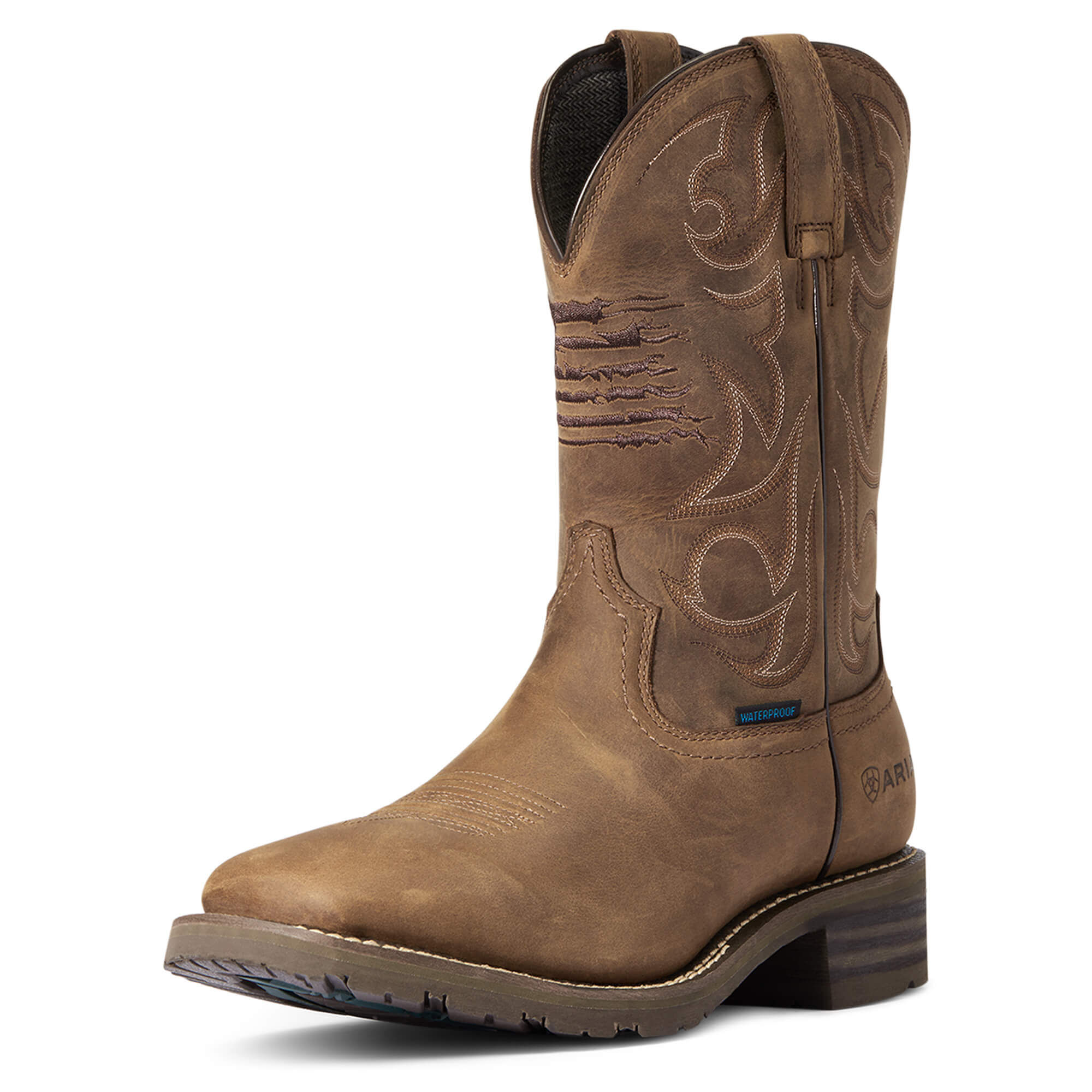 Men's Hybrid Patriot Waterproof Western Boots in Distressed Brown Leather, EE Wide Width, Size 7.5, by Ariat
