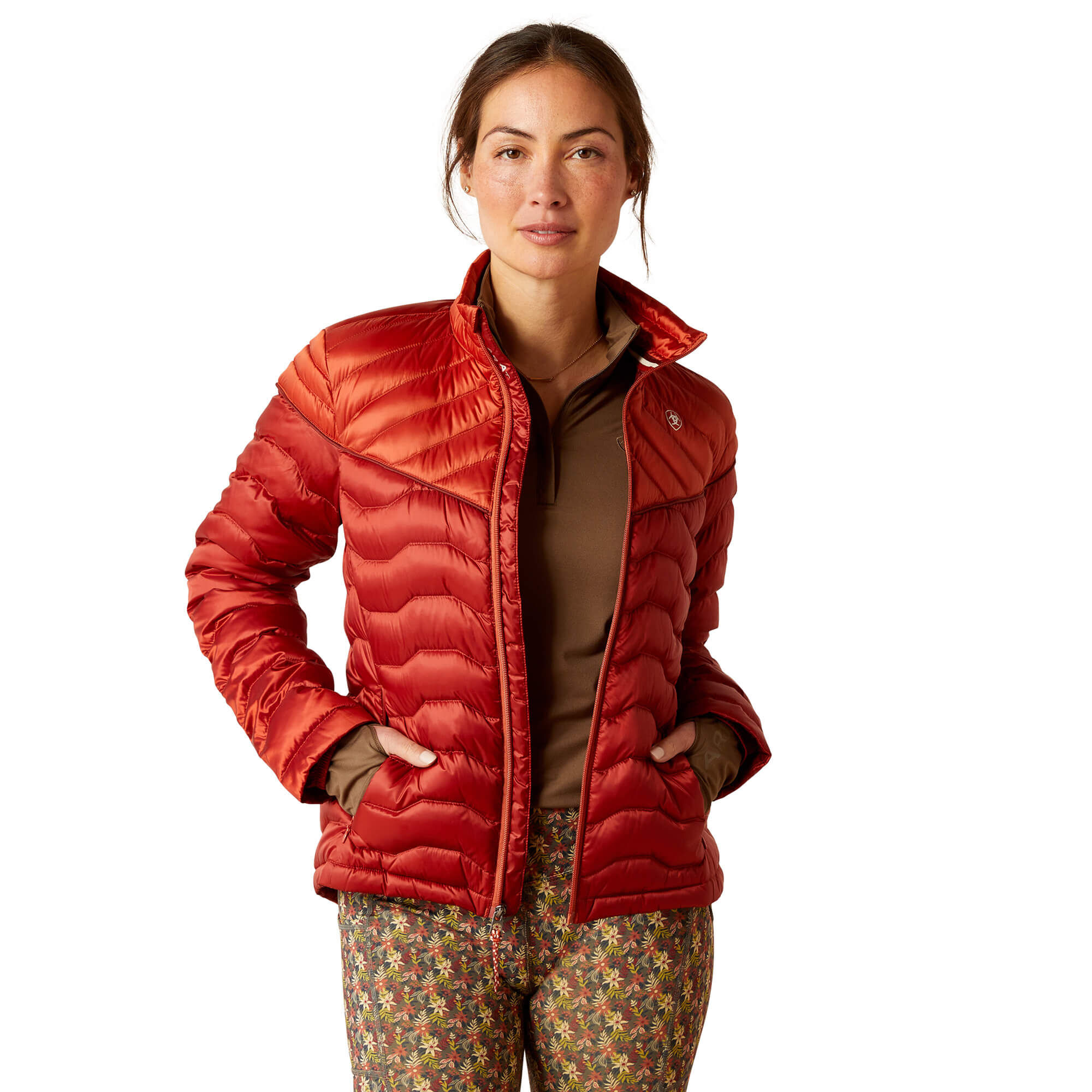 Women's Ideal Down Insulated Jacket Long Sleeve in Iridescent Red Ochre Burnt Bri, Size X-Small, by Ariat