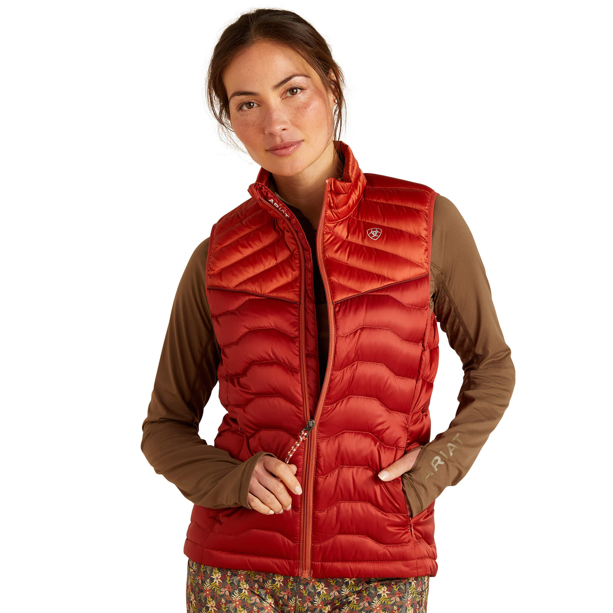 Women's Ideal Down Gilet in Iridescent Red Ochre Burnt Bri, Size X-Small, by Ariat