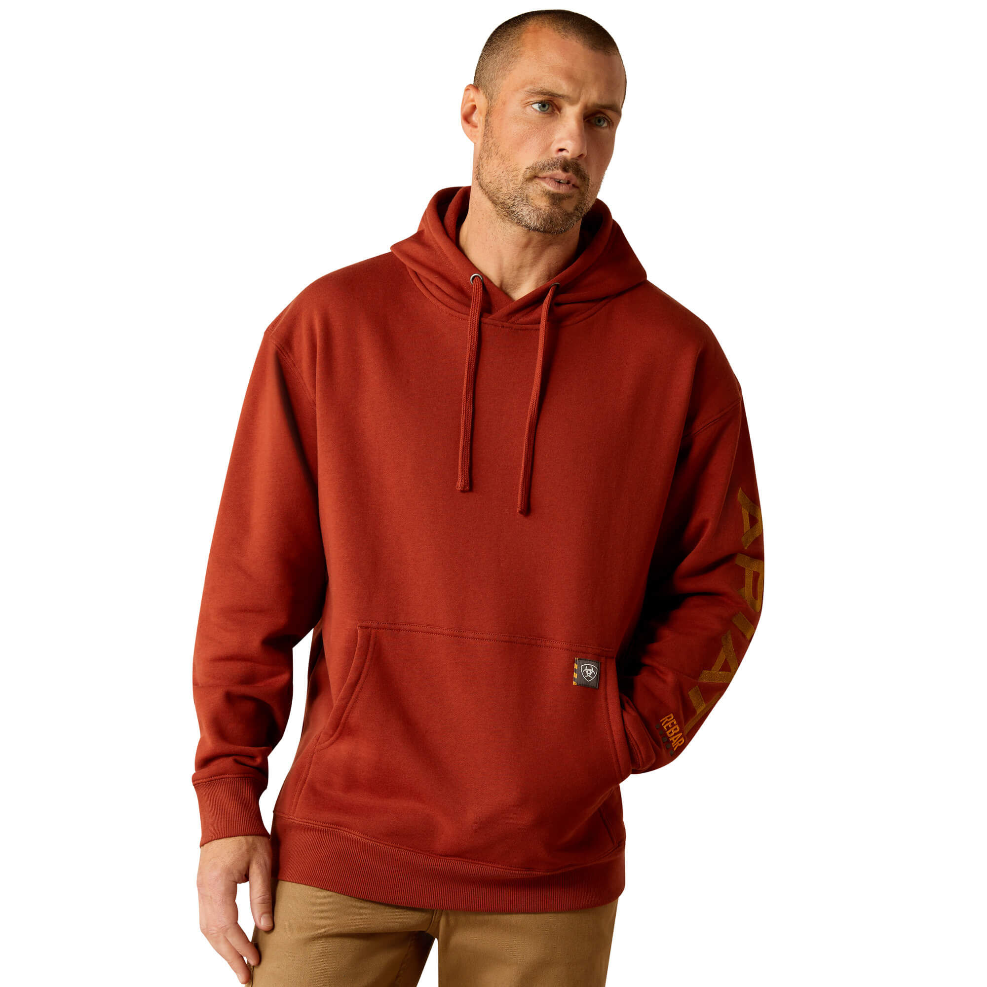 Men's Rebar Graphic Hoodie Long Sleeve Fleece in Burnt Henna Cumin Cotton, Size X-Small, by Ariat