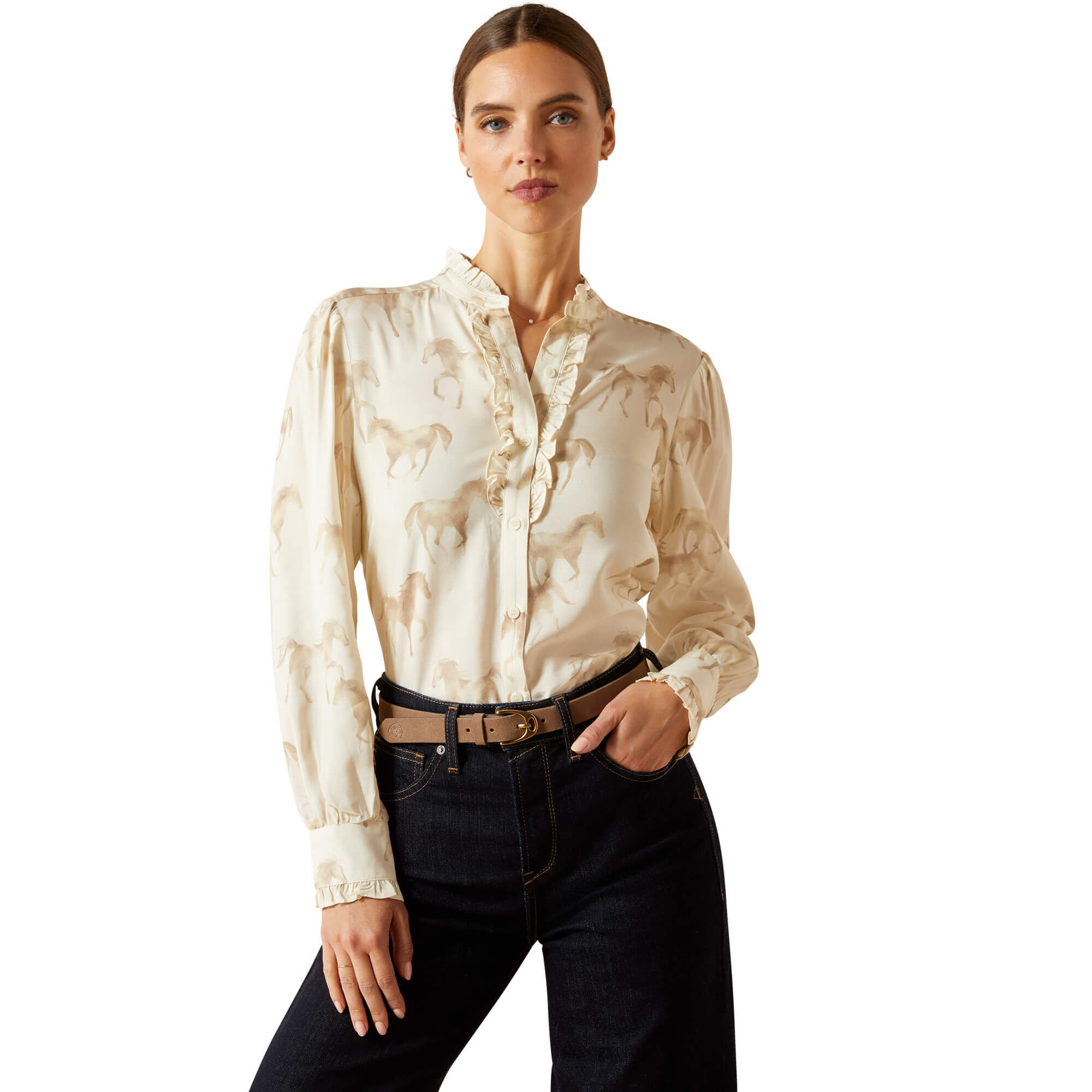Women's Cricklade Blouse Long Sleeve in Watercolor Horse Print, Size Large, by Ariat