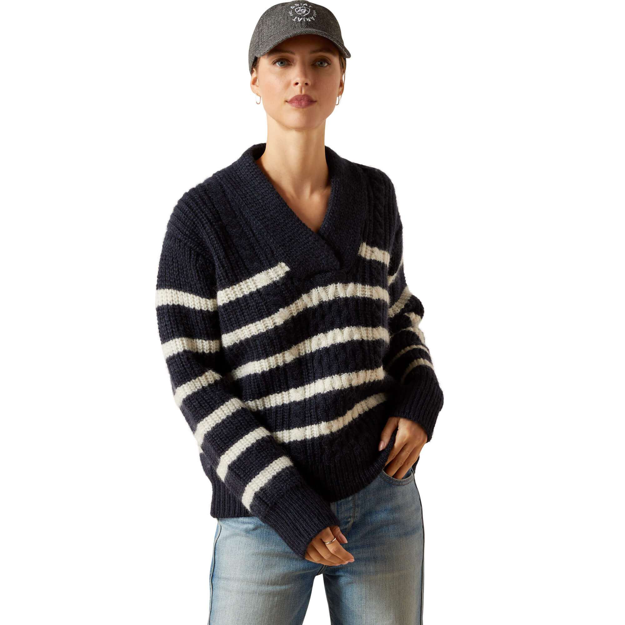 Women's Arley Sweater Long Sleeve in Navy Cream Stripe, Size Large, by Ariat