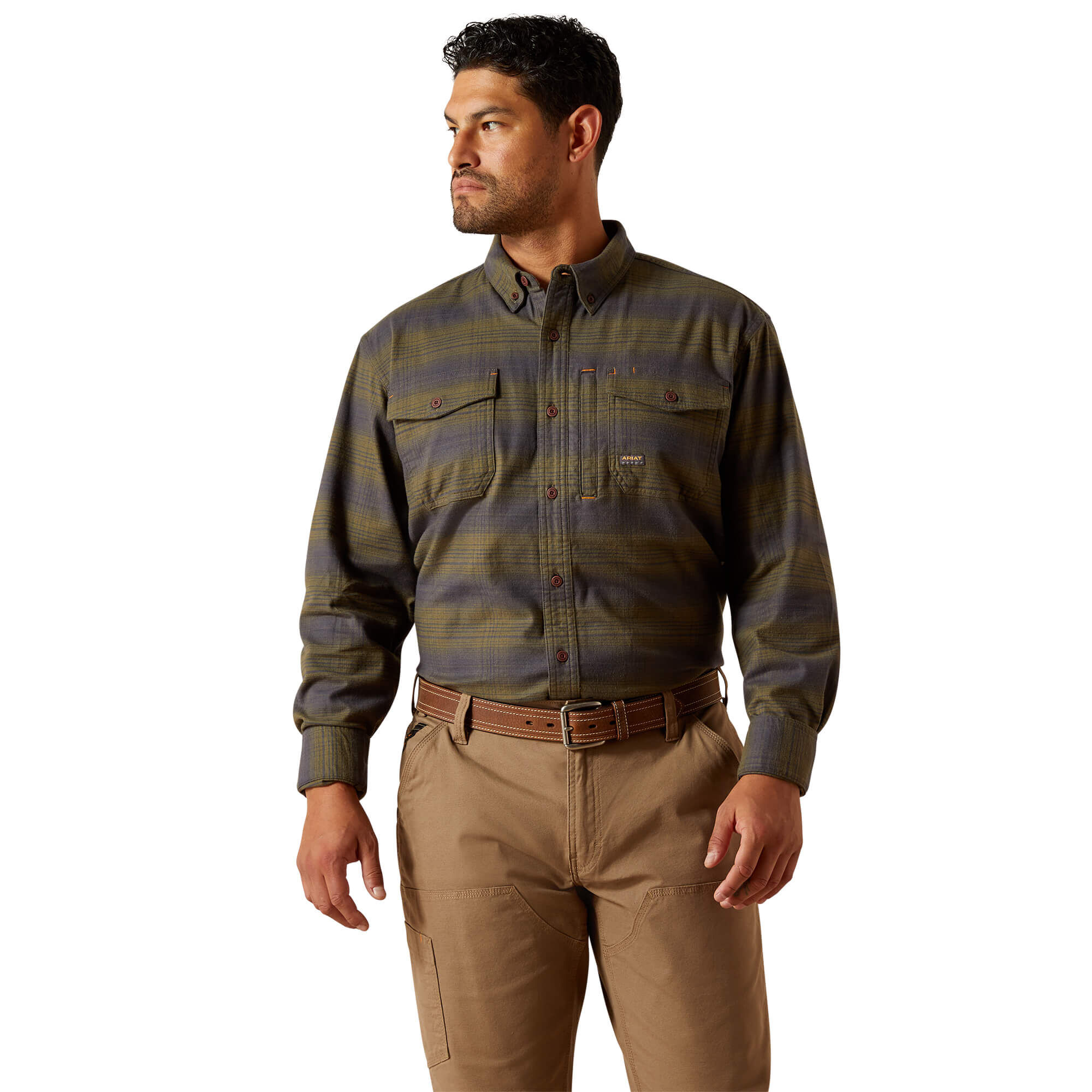 Men's Rebar Flannel DuraStretch Work Shirt Long Sleeve in Burnt Olive Cotton, Size Large, by Ariat