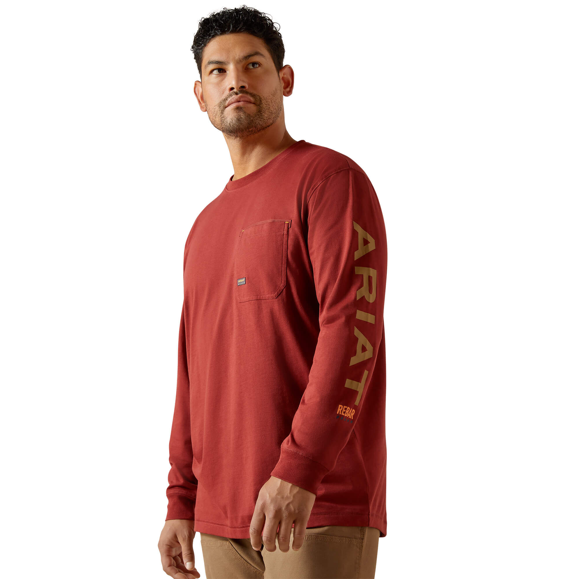 Men's Rebar Workman Logo T-Shirt Long Sleeve in Russet Brown Dijon, Size Medium, by Ariat