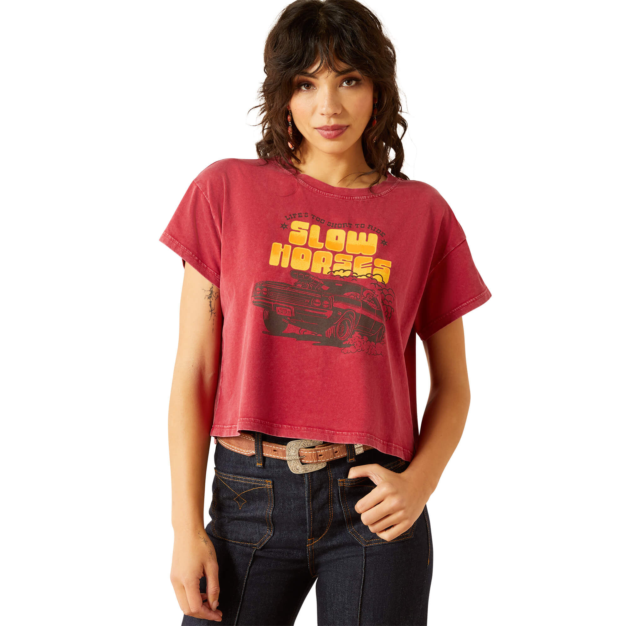 Women's Sendero Slow Horses T-Shirt in Biking Red Mineral Wash, Size Large, by Ariat