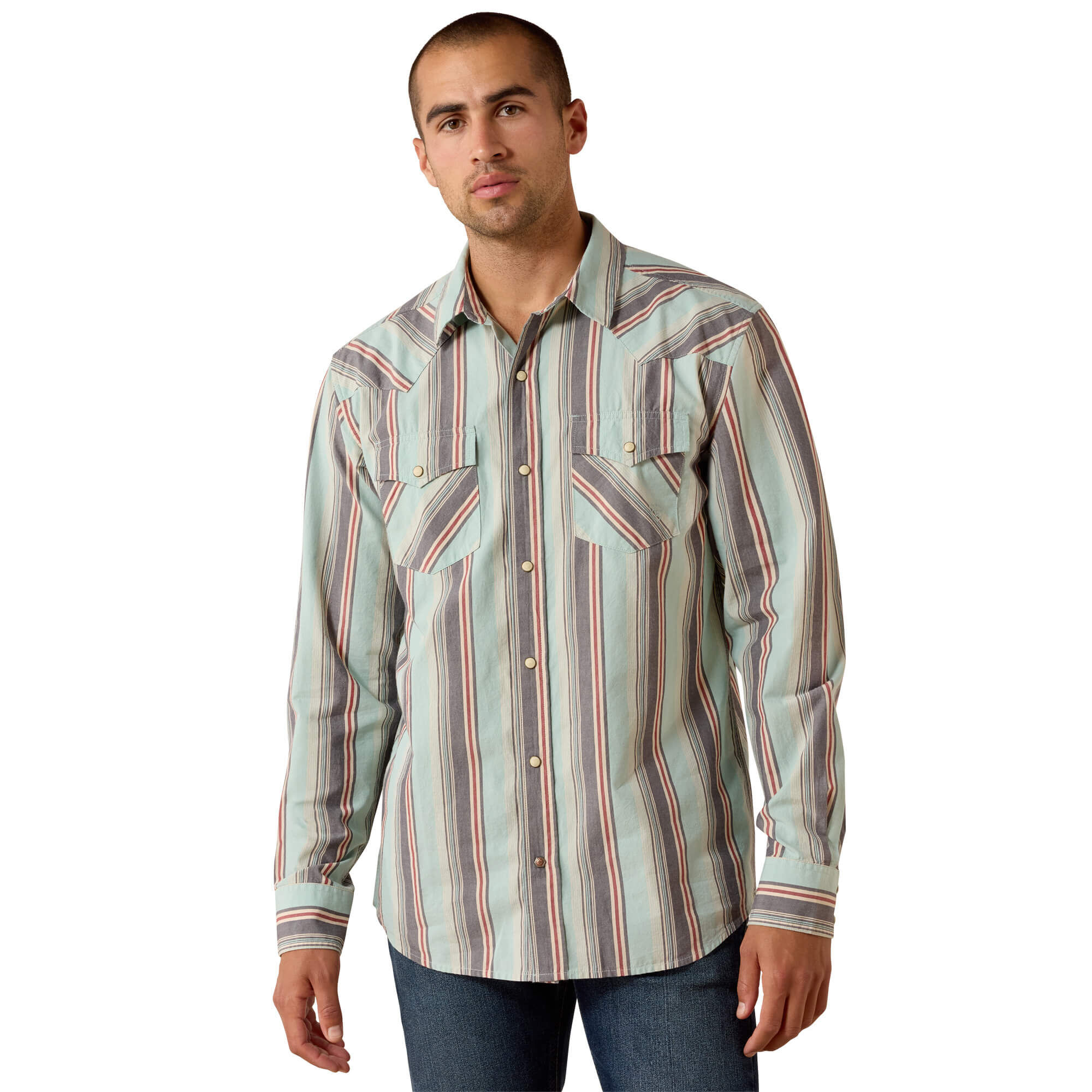 Men's Retro Hesperus Fitted Western Snap Shirt Long Sleeve in Aquifer Plaid, Size X-Small, by Ariat