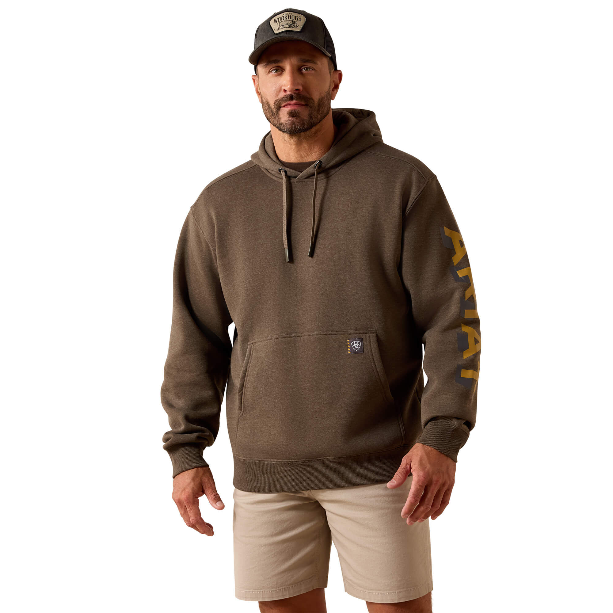 Men's Rebar Lightweight Logo Hoodie Long Sleeve in Major Brown Heather Wood Thrush, Size Small, by Ariat