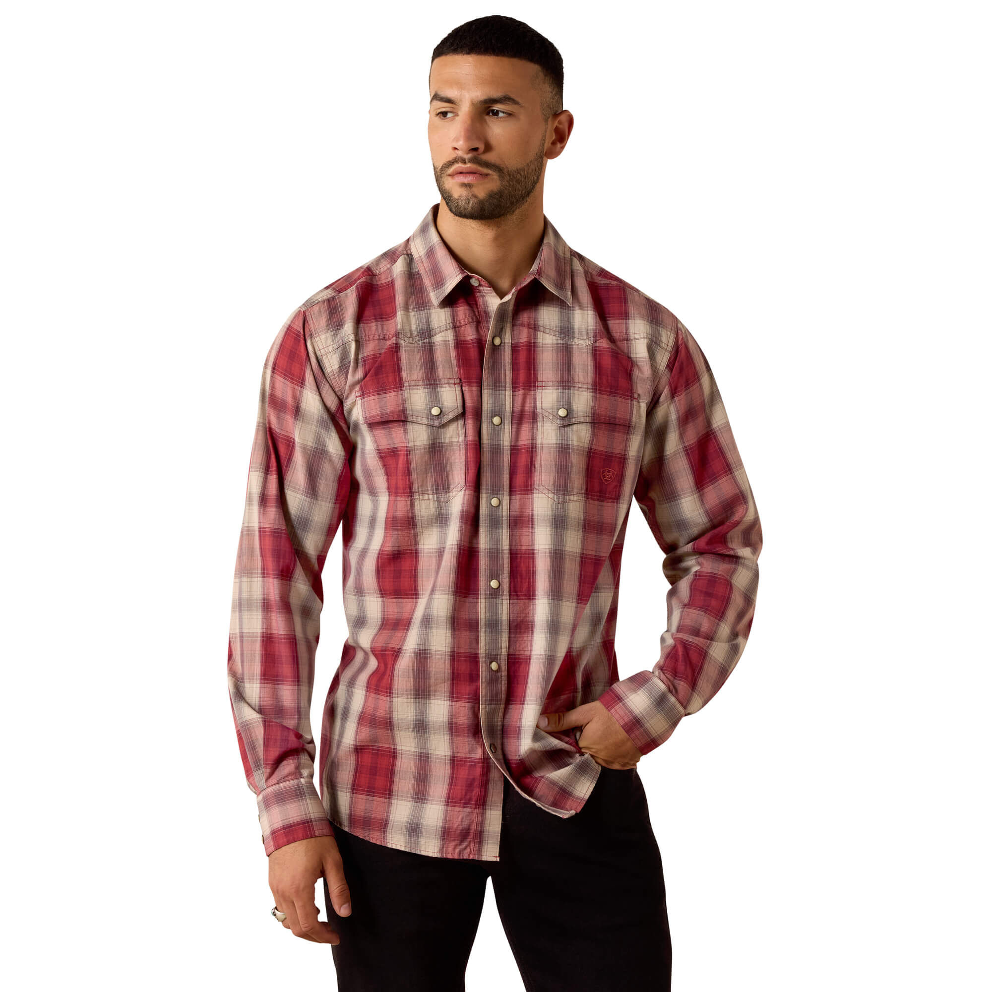 Men's Retro Hawthorne Fitted Western Snap Shirt Long Sleeve in Brick Red Plaid, Size 2X-Large, by Ariat