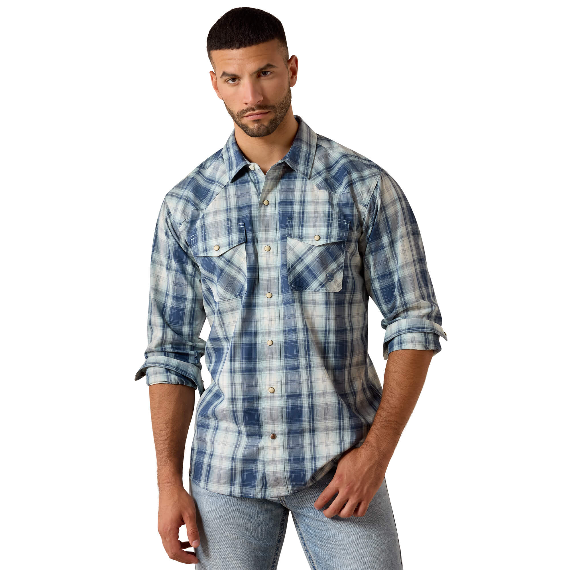 Men's Retro Heathcliff Fitted Western Snap Shirt Long Sleeve in Key Largo Plaid, Size X-Small, by Ariat