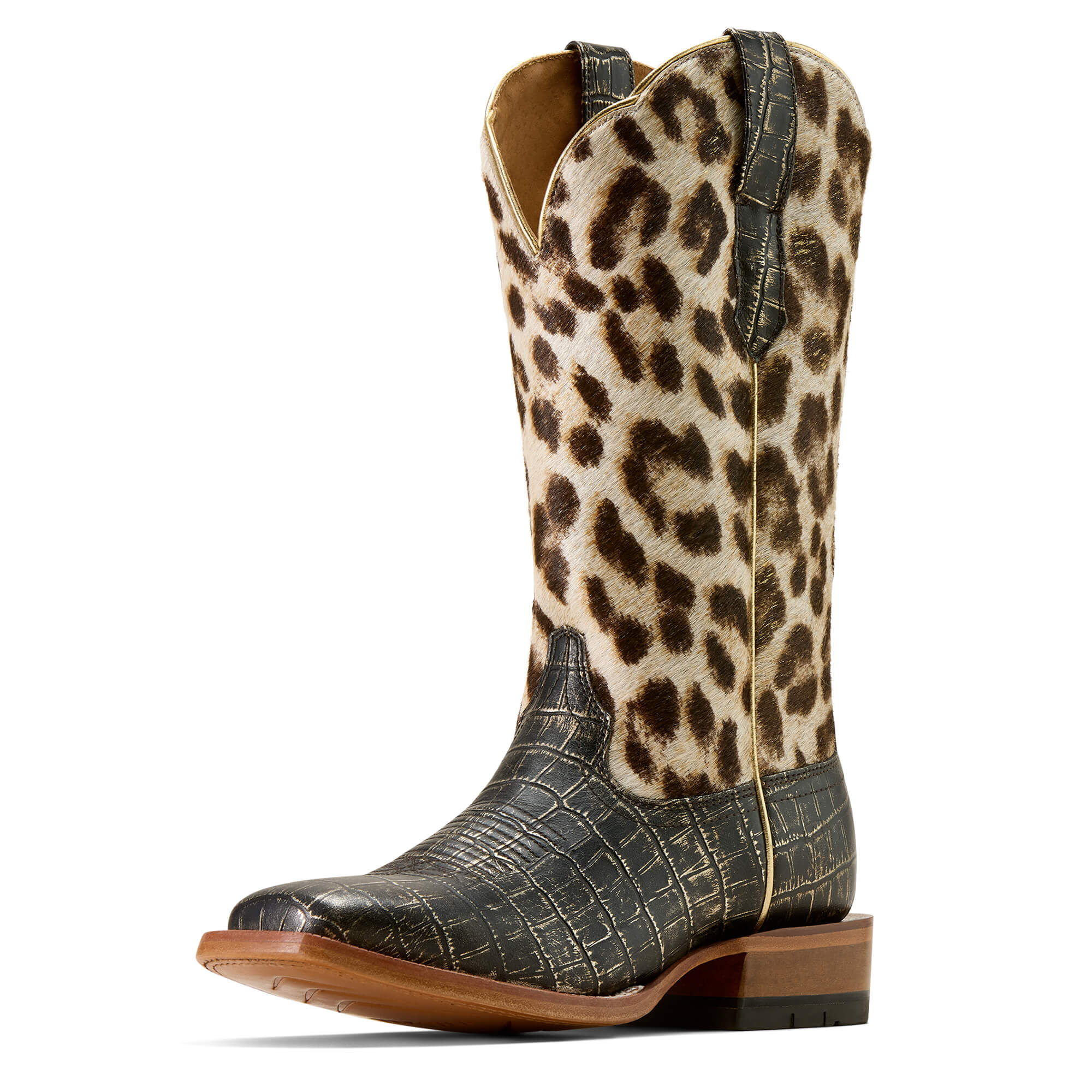 Women's Frontier Farrah Wide Square Toe Western Boots in Midnight Croc Print Gilded Leopard Hair On, B Medium Width, Size 8.5, by Ariat