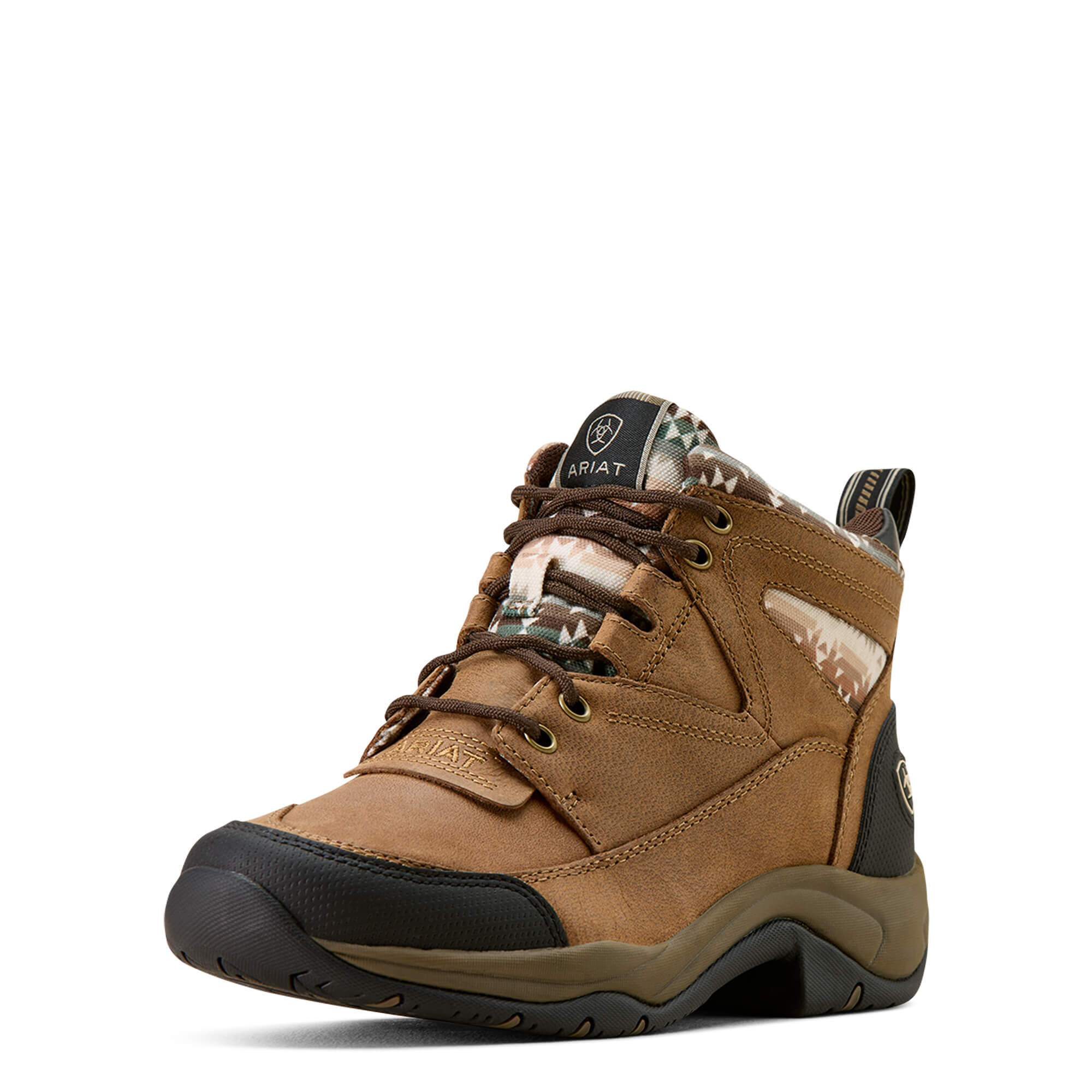 Women's Terrain Boots in Dark Tan Natural Southwest Print Leather, B Medium Width, Size 6.5, by Ariat