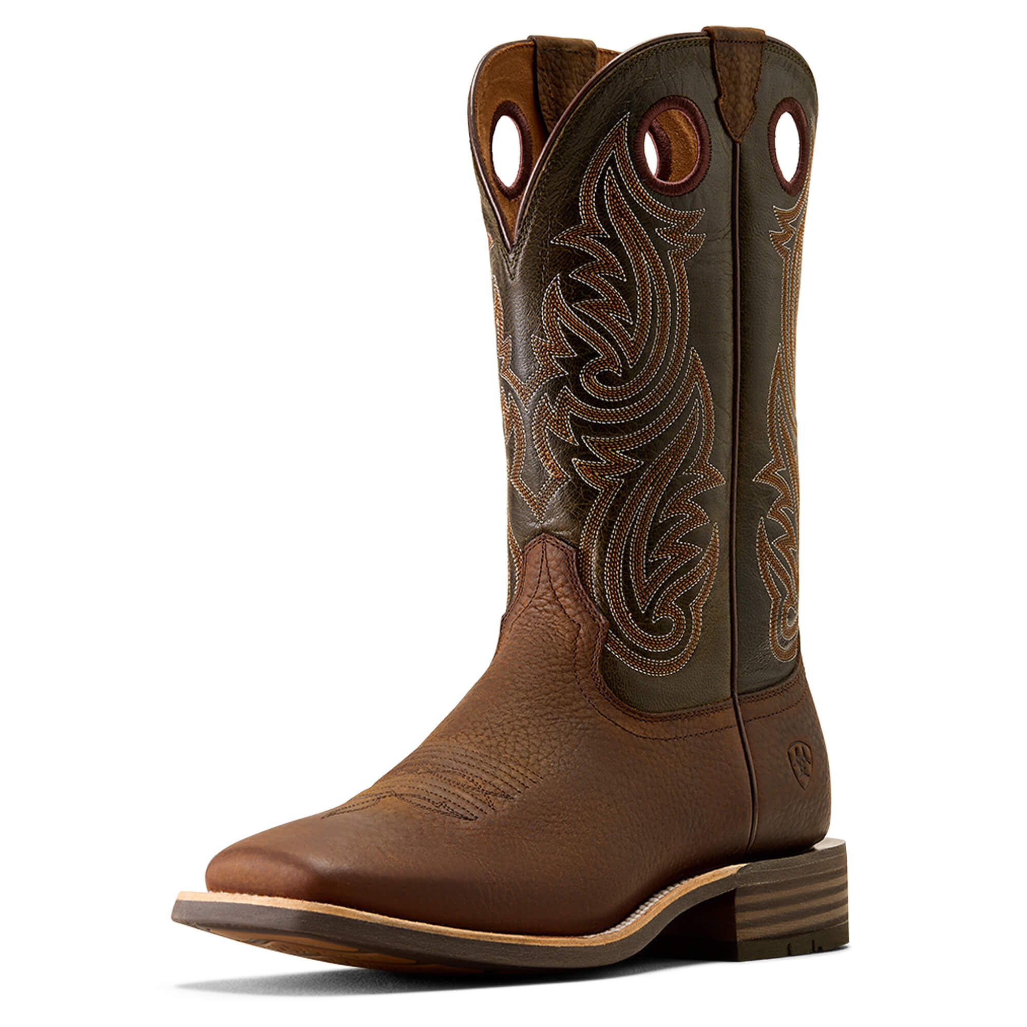 Men's Highland Toughstock Wide Square Toe Western Boots in Brown Oiled Rowdy Timber Olive, D Medium Width, Size 9.5, by Ariat