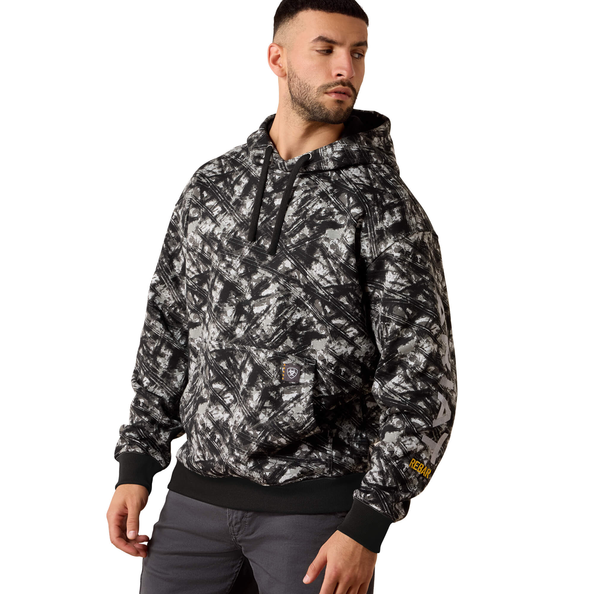 Men's Rebar Workman Graphic Hoodie Long Sleeve Fleece in Camo Grey Cotton, Size Large, by Ariat