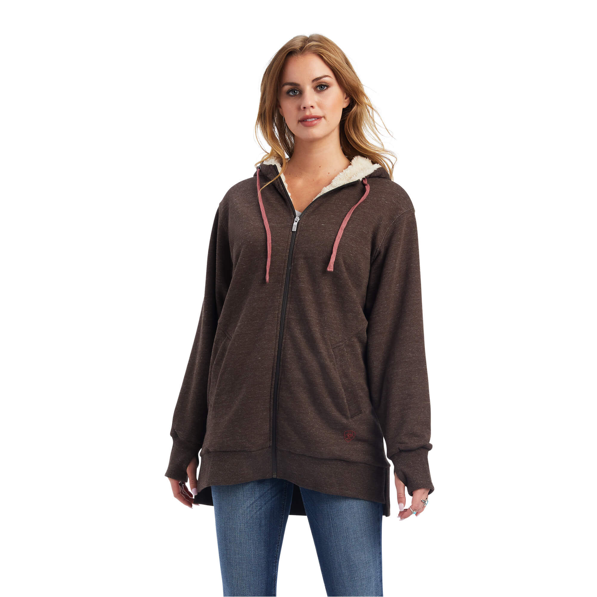 Women's Real Sherpa Lined Long Full Zip Hoodie Jacket in Banyan Bark, Size: XL by Ariat