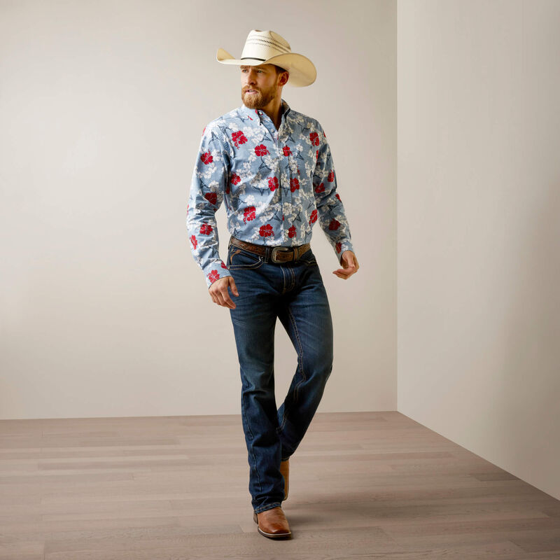 Wrinkle Resist Red White and Blue Pareau Western Aloha Stretch Classic Fit Shirt