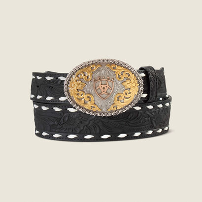 Whipstitch Leather Belt with Oval Ariat Buckle Front