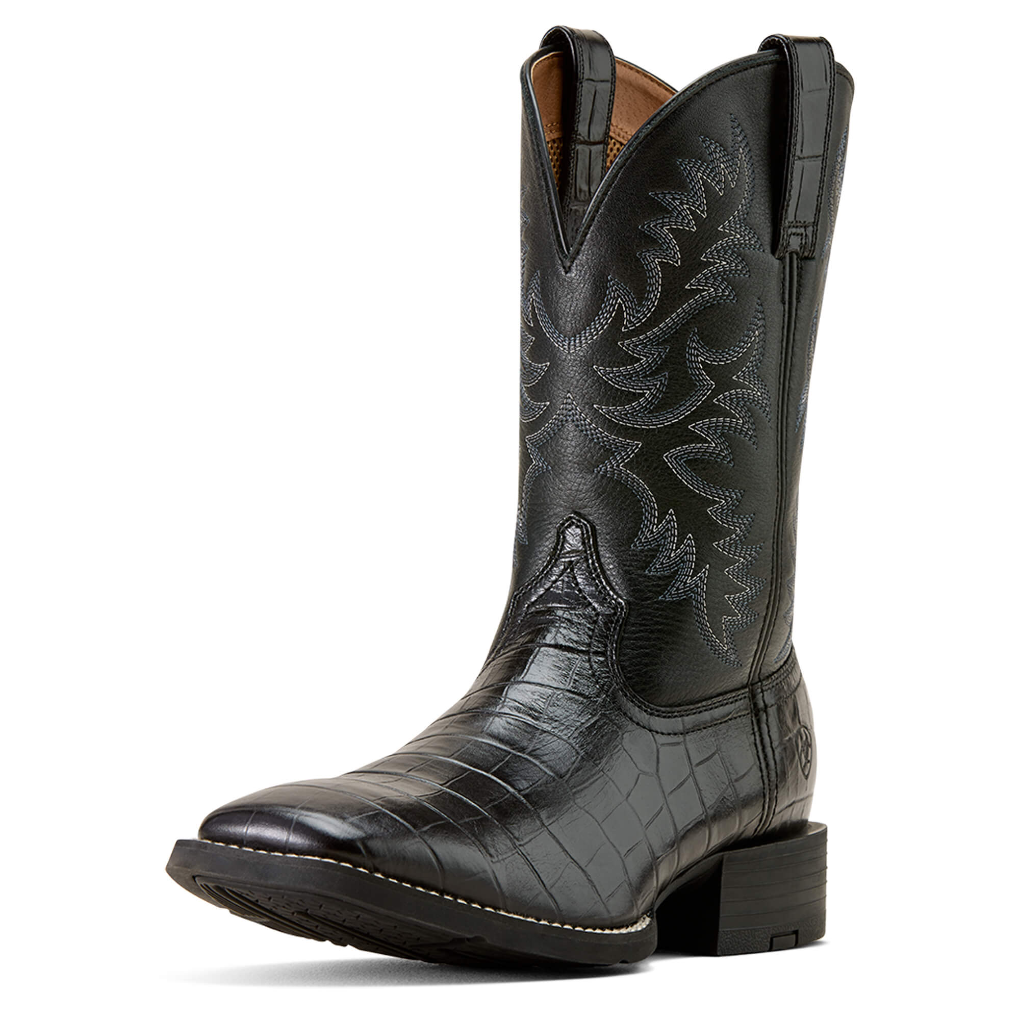 Men's Sport Latigo Wide Square Toe Cowboy Boots in Black Croc Print Deertan, Size: 7 D / Medium by Ariat