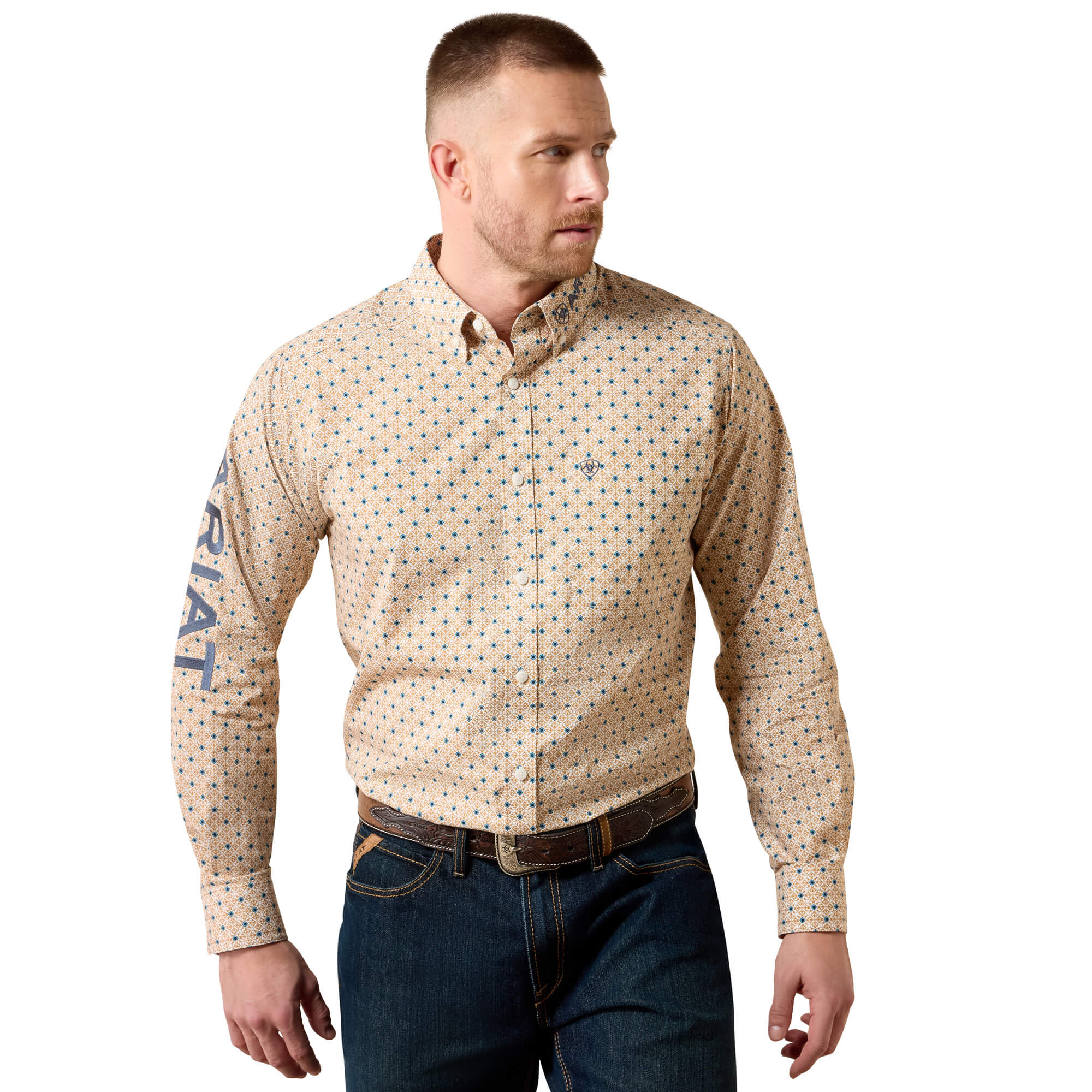 Men's Team Dusty Classic Fit Shirt in Gold Medallion Print Blue Nights Cotton, Size: Small by Ariat