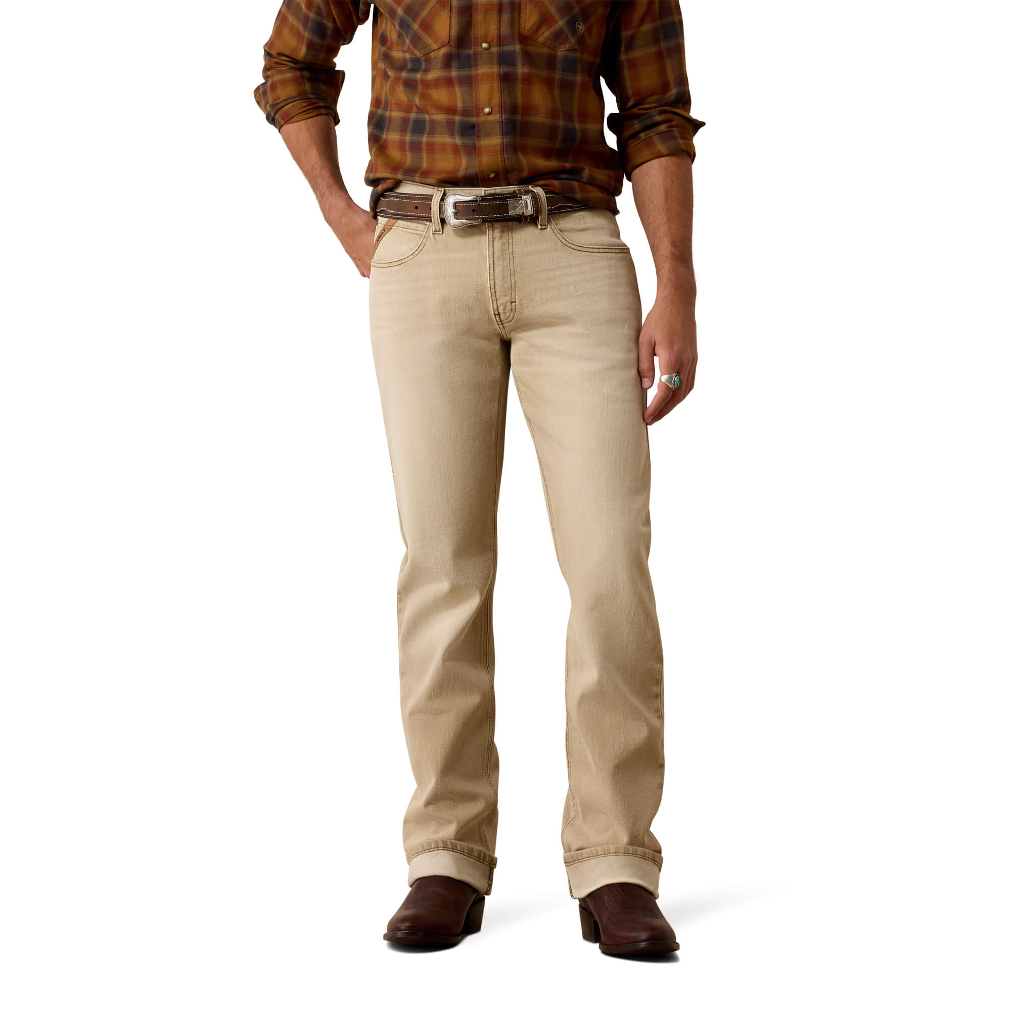 Men's M4 Relaxed Grizzly Boot Cut Jeans in Cedar Brown Cotton/Elastane, Size: 28 X by Ariat