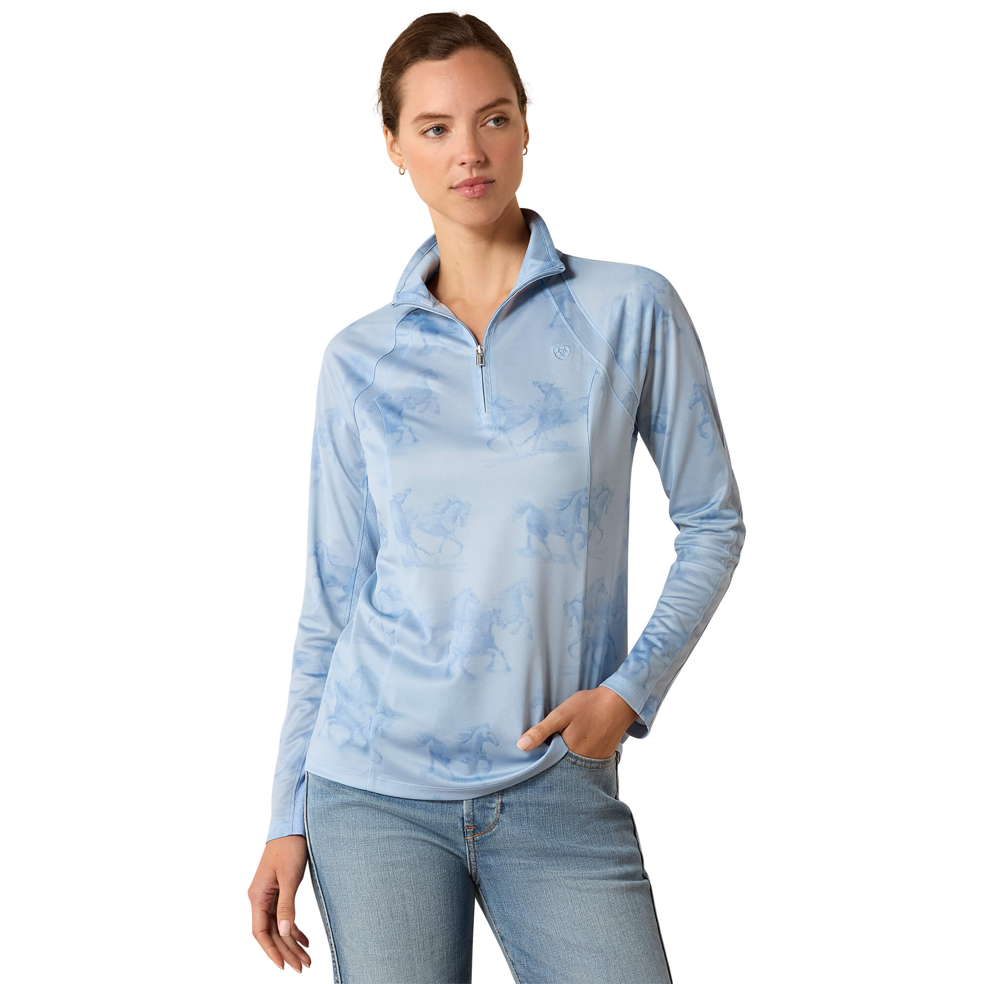 Women's Sunstopper 3.0 1/4 Zip Baselayer in St. Tropez Mirage Print, Size: Large by Ariat