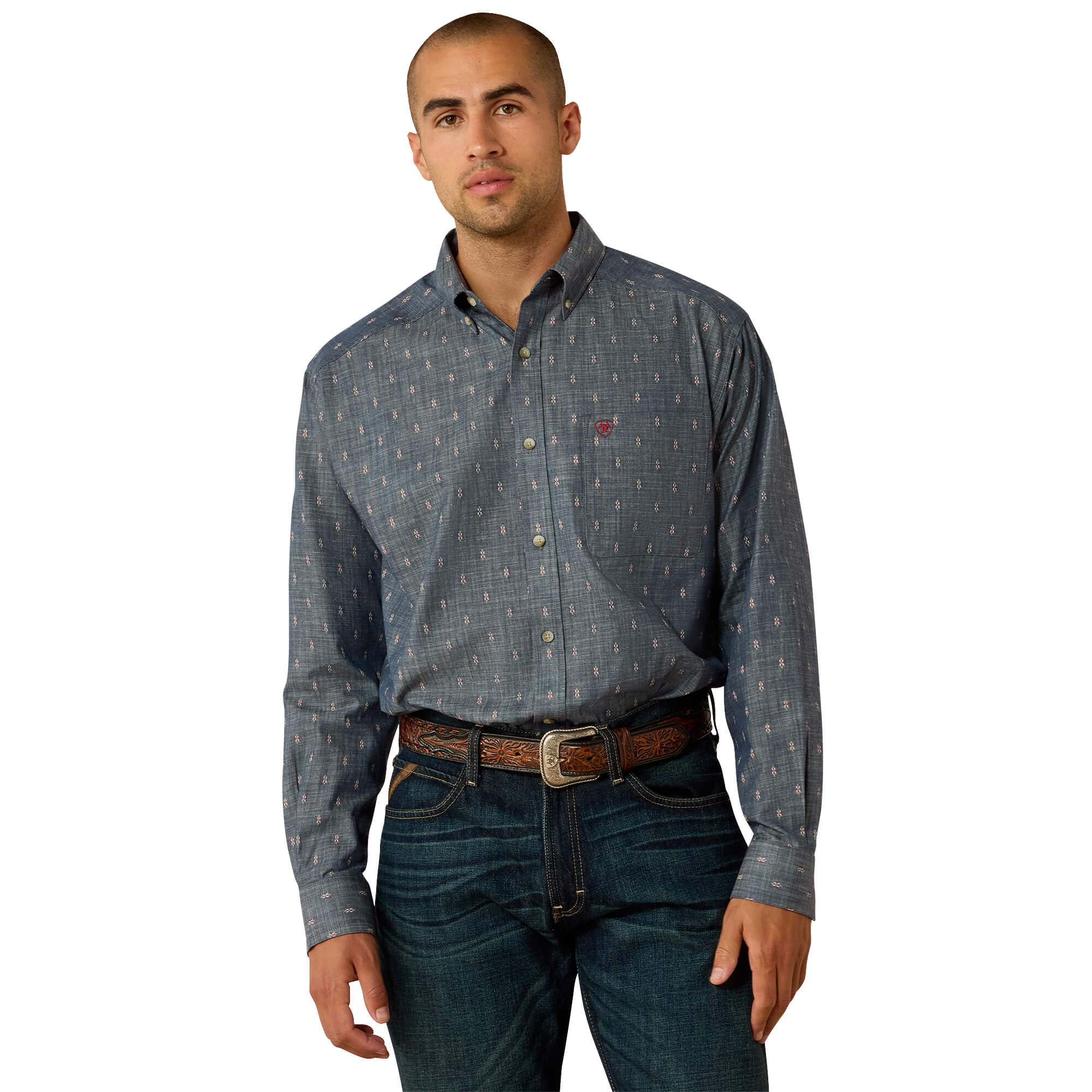Men's Teague Classic Fit Shirt in Chambray Blue Medallion Print Acid Red, Size: Small by Ariat