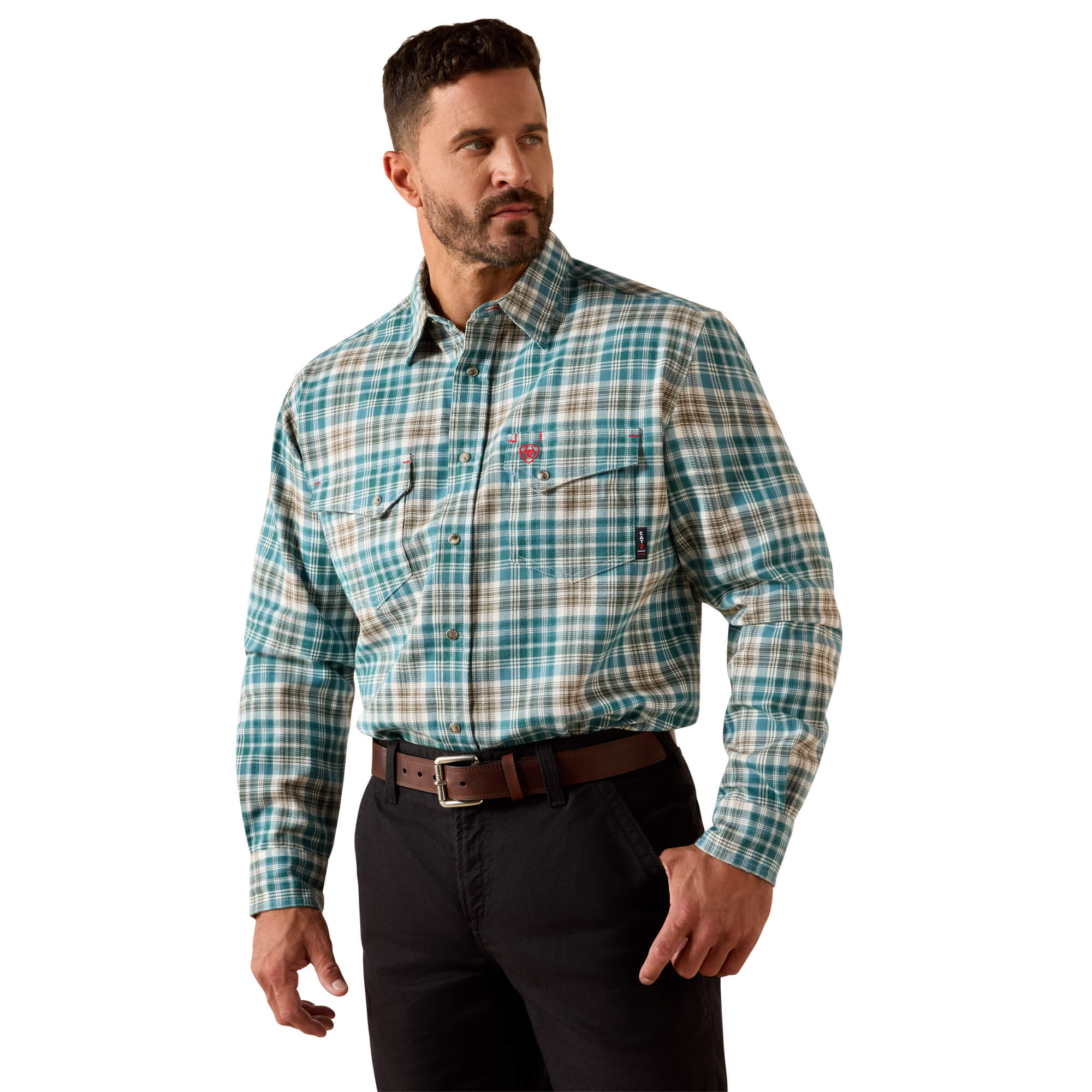 Men's Flame-Resistant Cobb Snap Work Shirt in Teal, Size: Small by Ariat