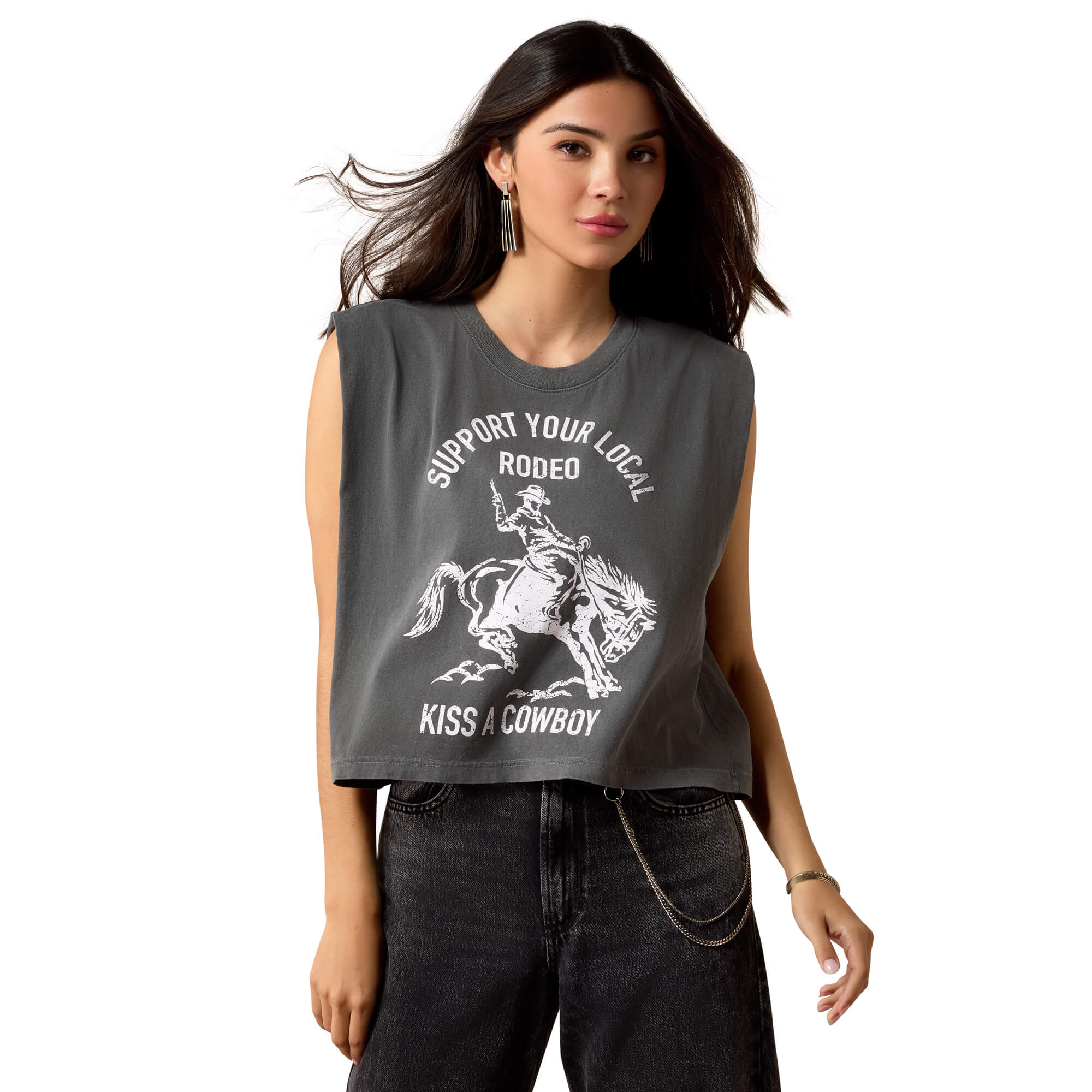 Women's Kiss a Cowboy T-Shirt in Faded Black Cotton, Size: XS by Ariat