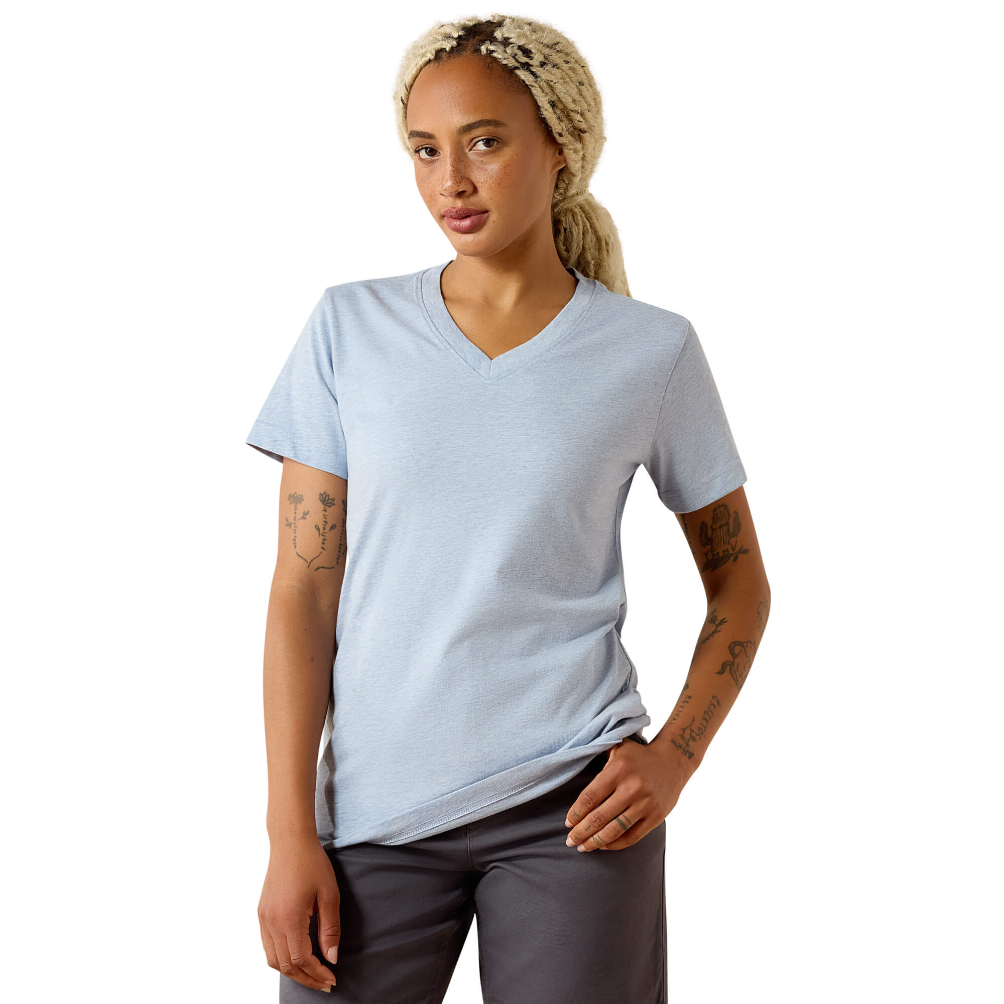 Women's Rebar Cotton Strong Standard V-Neck T-Shirt in Washed Rain Heather, Size: Large by Ariat