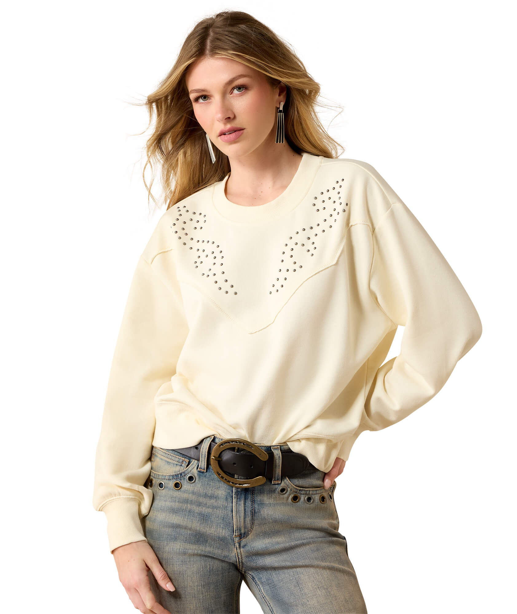 Women's Malone Studded Sweatshirt in Antique White Cotton/Polyester, Size: XS by Ariat