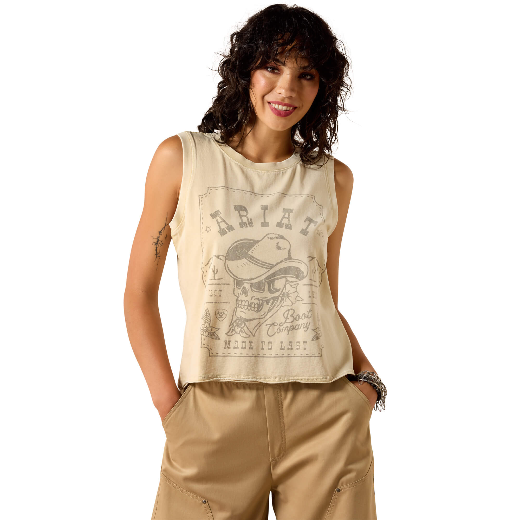 Women's Wanted Skull Cowboy Tank in Summer Sand, Size: Large by Ariat