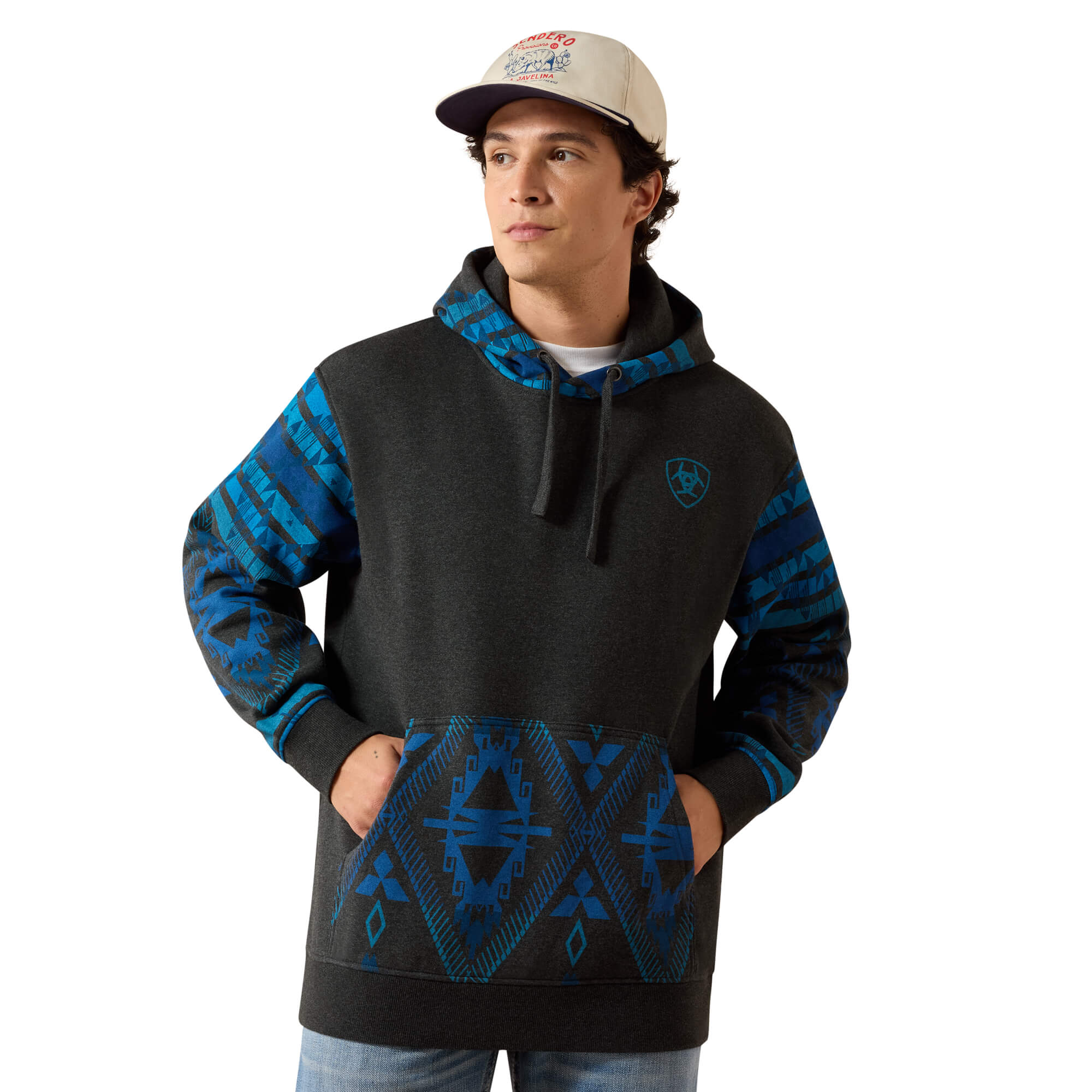 Men's Southwestern Color Block Hoodie in Charcoal Heather Southwest Print Cotton/Polyester, Size: Small by Ariat