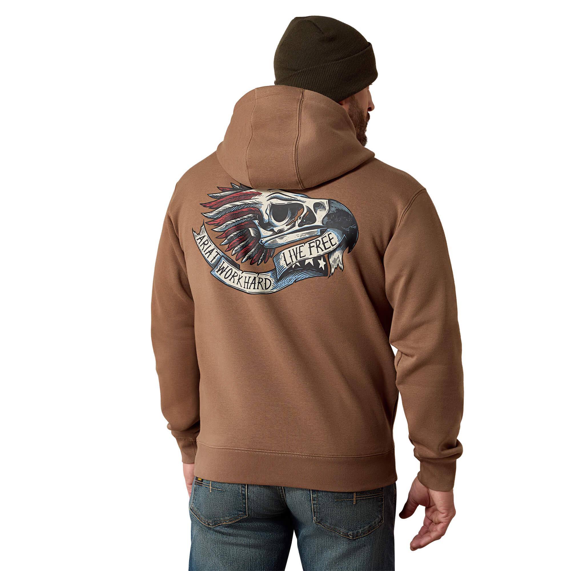 Men's Rebar Workman Eagle Skull Hoodie in Caribou Cotton/Polyester, Size: XS by Ariat