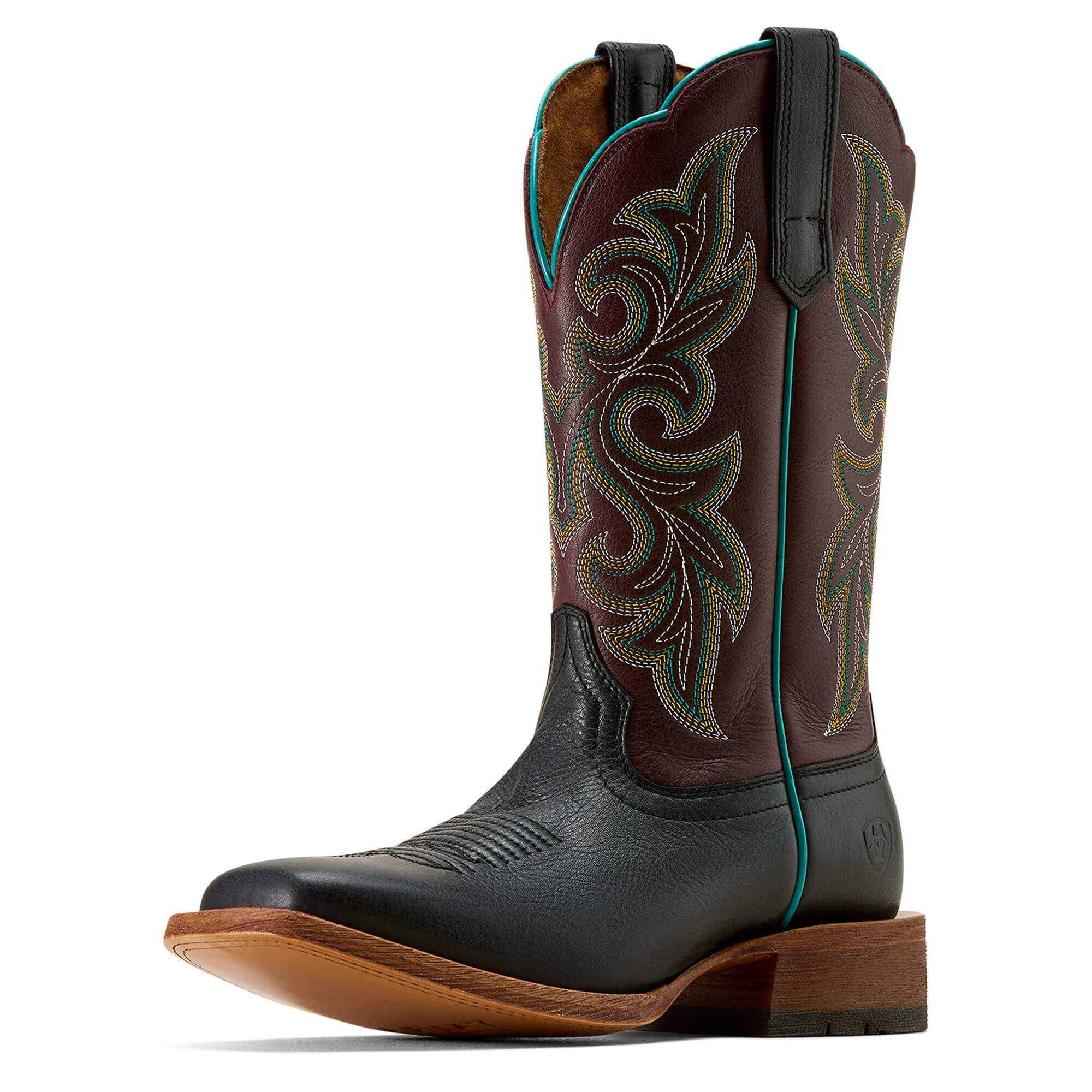 Women's County Lane Wide Square Toe Cowgirl Boots in Basic Black Deep Purple Leather, Size: 8 C by Ariat