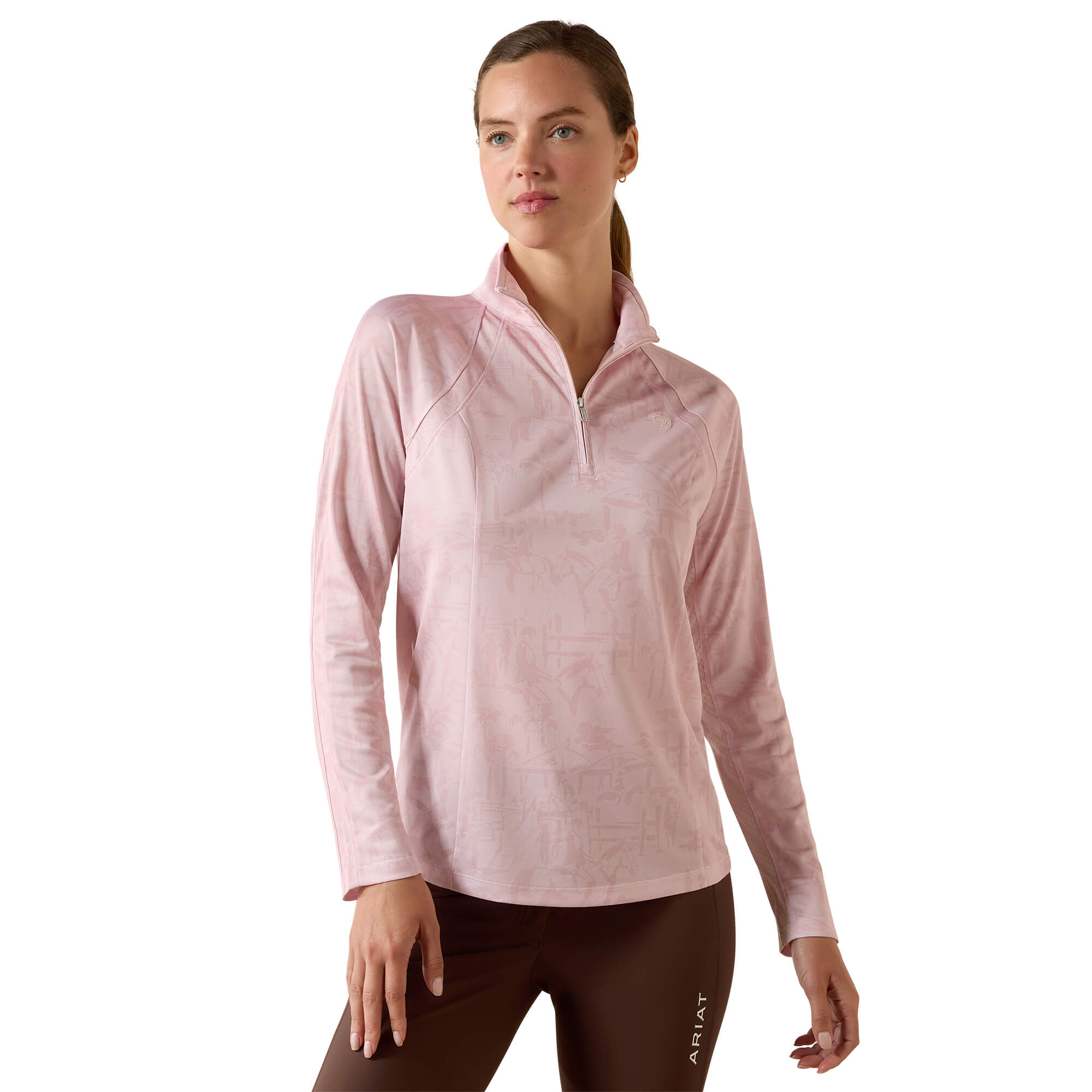 Women's Sunstopper 3.0 1/4 Zip Baselayer in Sepia Rose Horse Park, Size: Large by Ariat